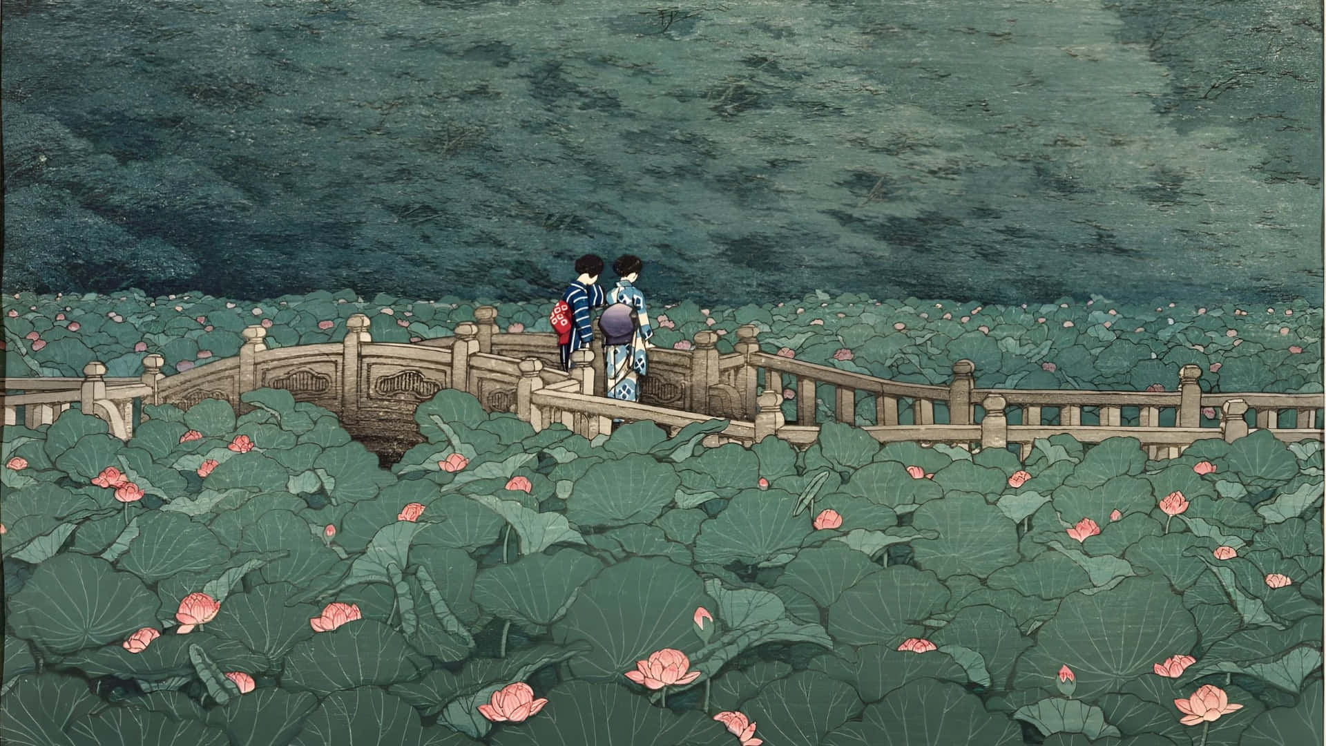 Kawase Hasui, lotus pond bridge, wooden bridge, Full HD Desktop Wallpaper