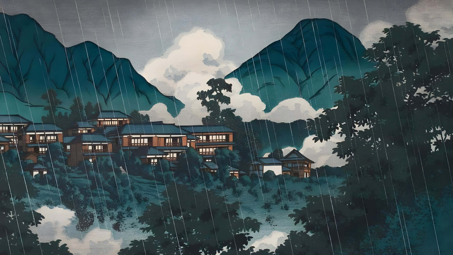 Kawase Hasui, rainy mountain village, traditional wooden houses, Full HD Desktop Wallpaper