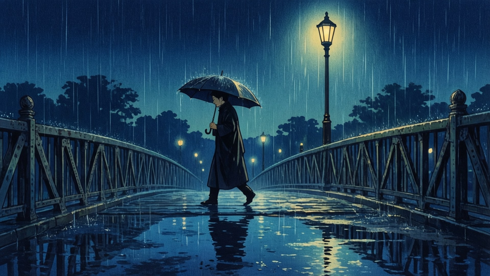 night, rain-slicked bridge, long coat, Full HD Desktop Wallpaper