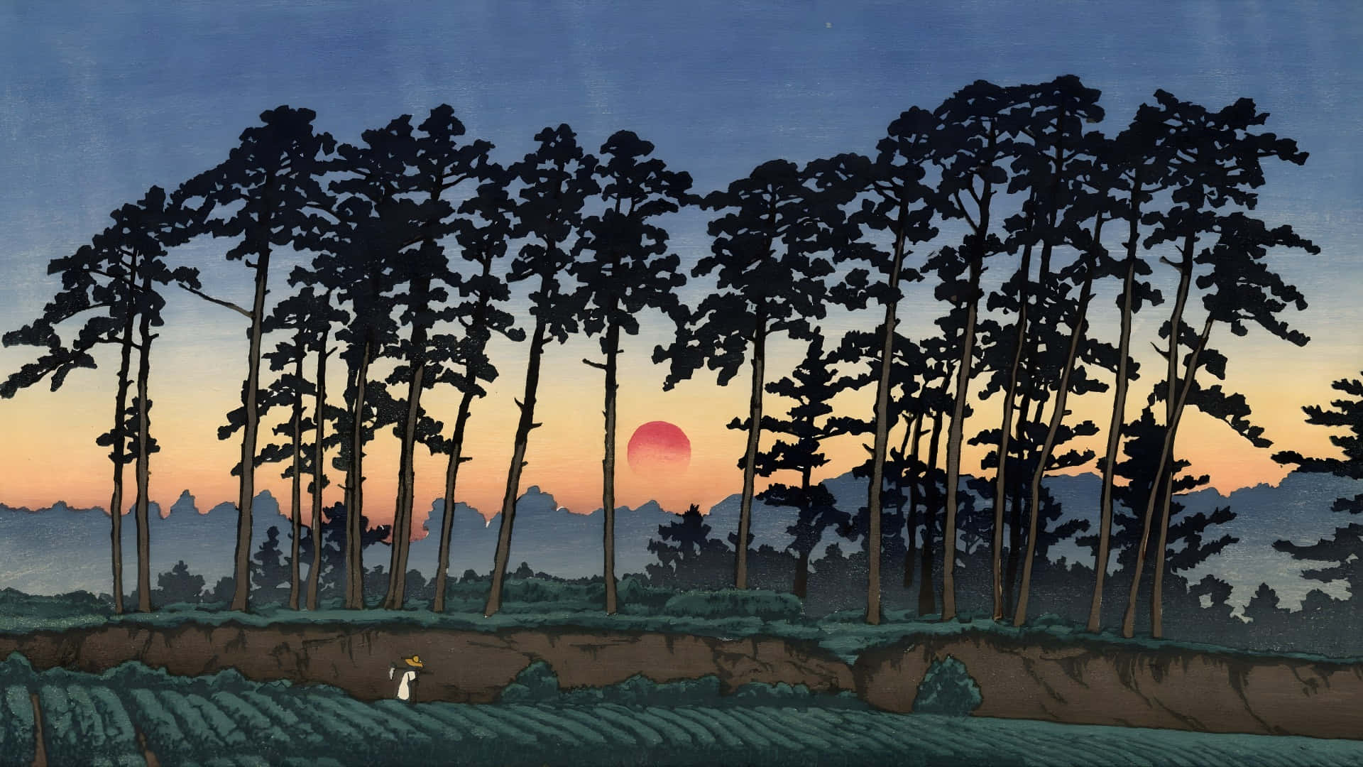 Kawase Hasui, sunset, pine trees, Full HD Desktop Wallpaper