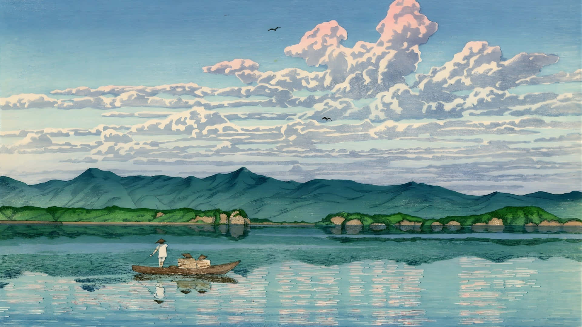 Kawase Hasui, serene lake scene, lone fisherman, Full HD Desktop Wallpaper