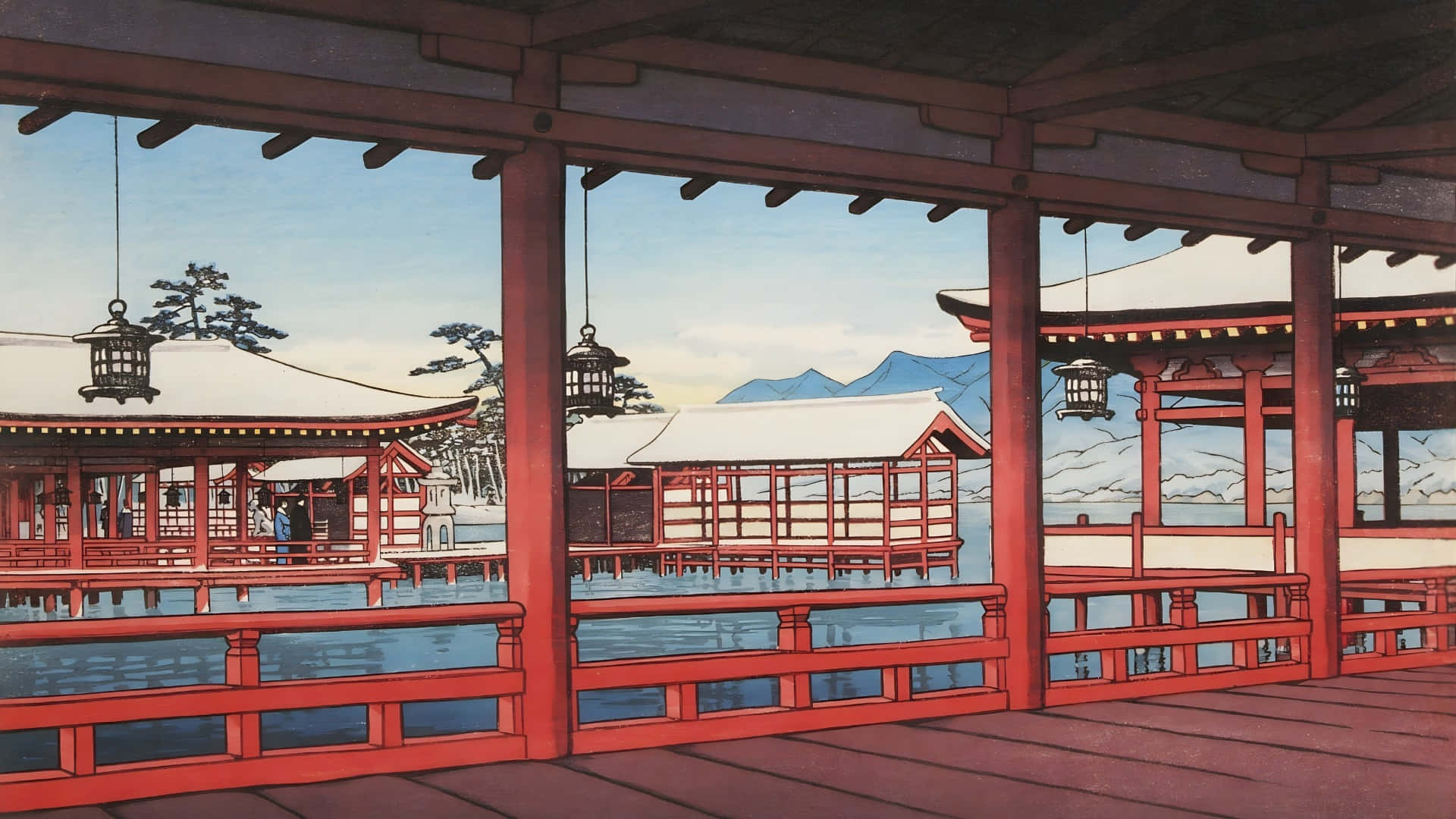 Kawase Hasui, red shrine, traditional red Japanese temple structures, Full HD Desktop Wallpaper