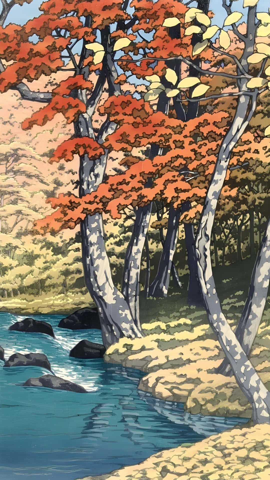 autumn stream, Kawase Hasui, vibrant orange, Full HD Phone Wallpaper