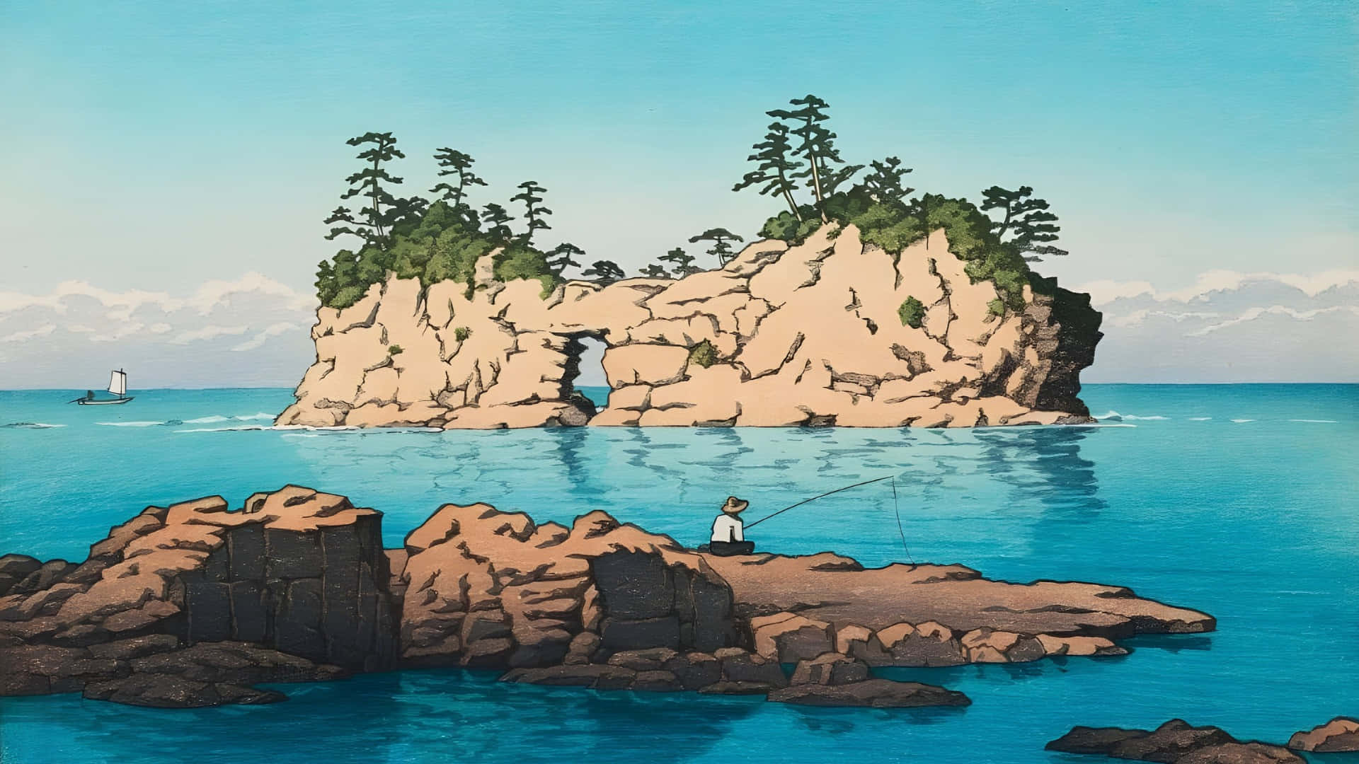 Kawase Hasui, coastal serenity, straw hat, Full HD Desktop Wallpaper