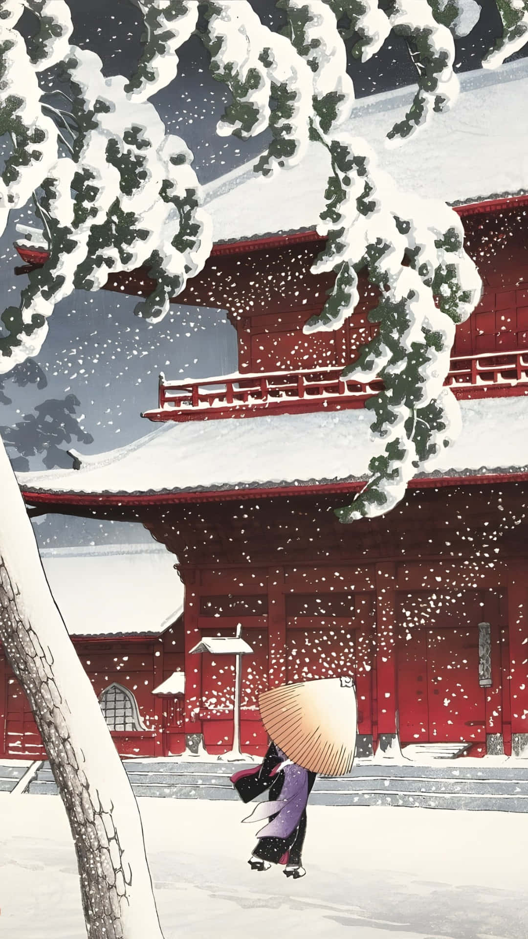 snowy temple walk, Kawase Hasui, wide straw hat, Full HD Phone Wallpaper