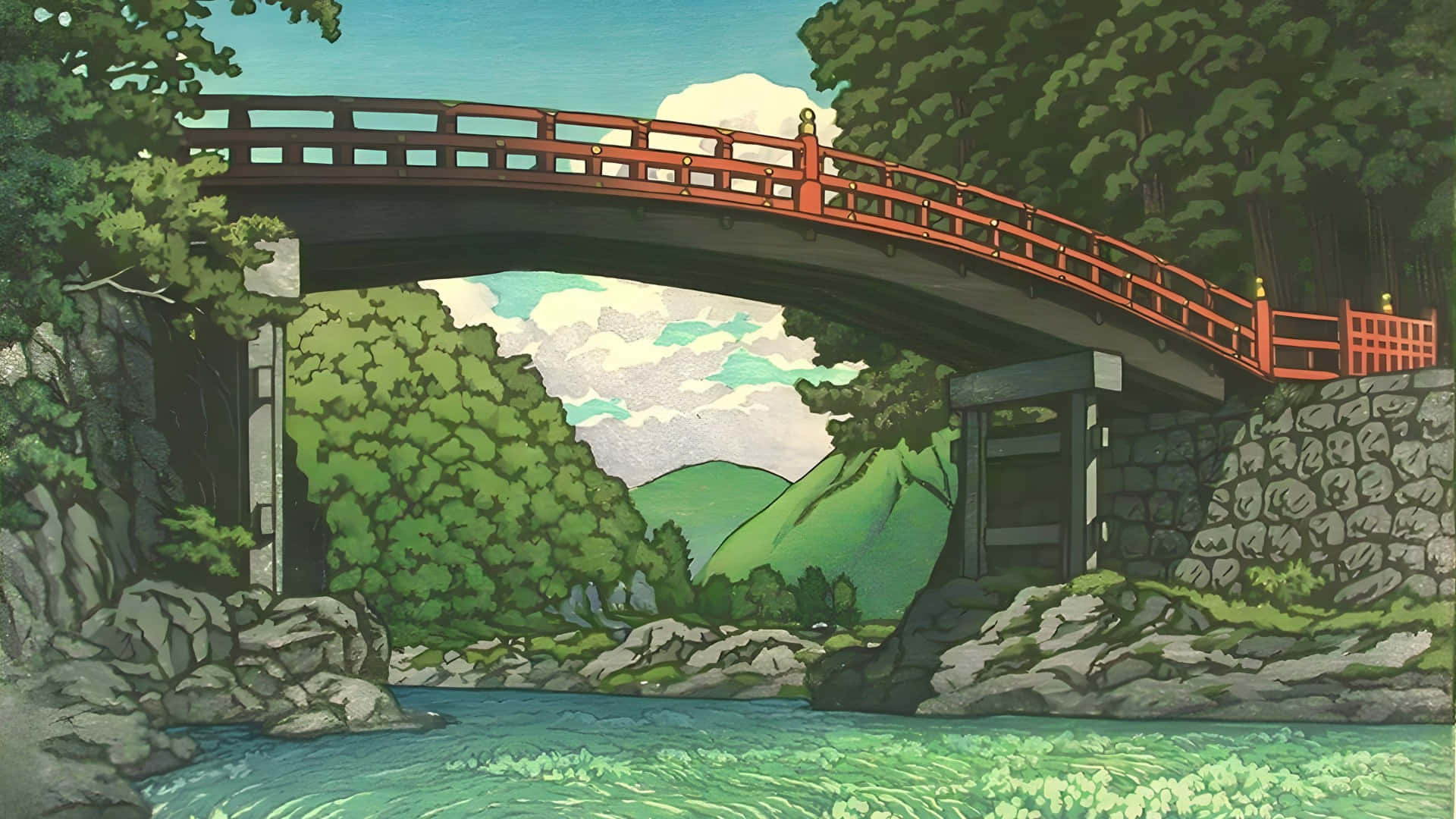 Kawase Hasui, red arched bridge, clear river, Full HD Desktop Wallpaper