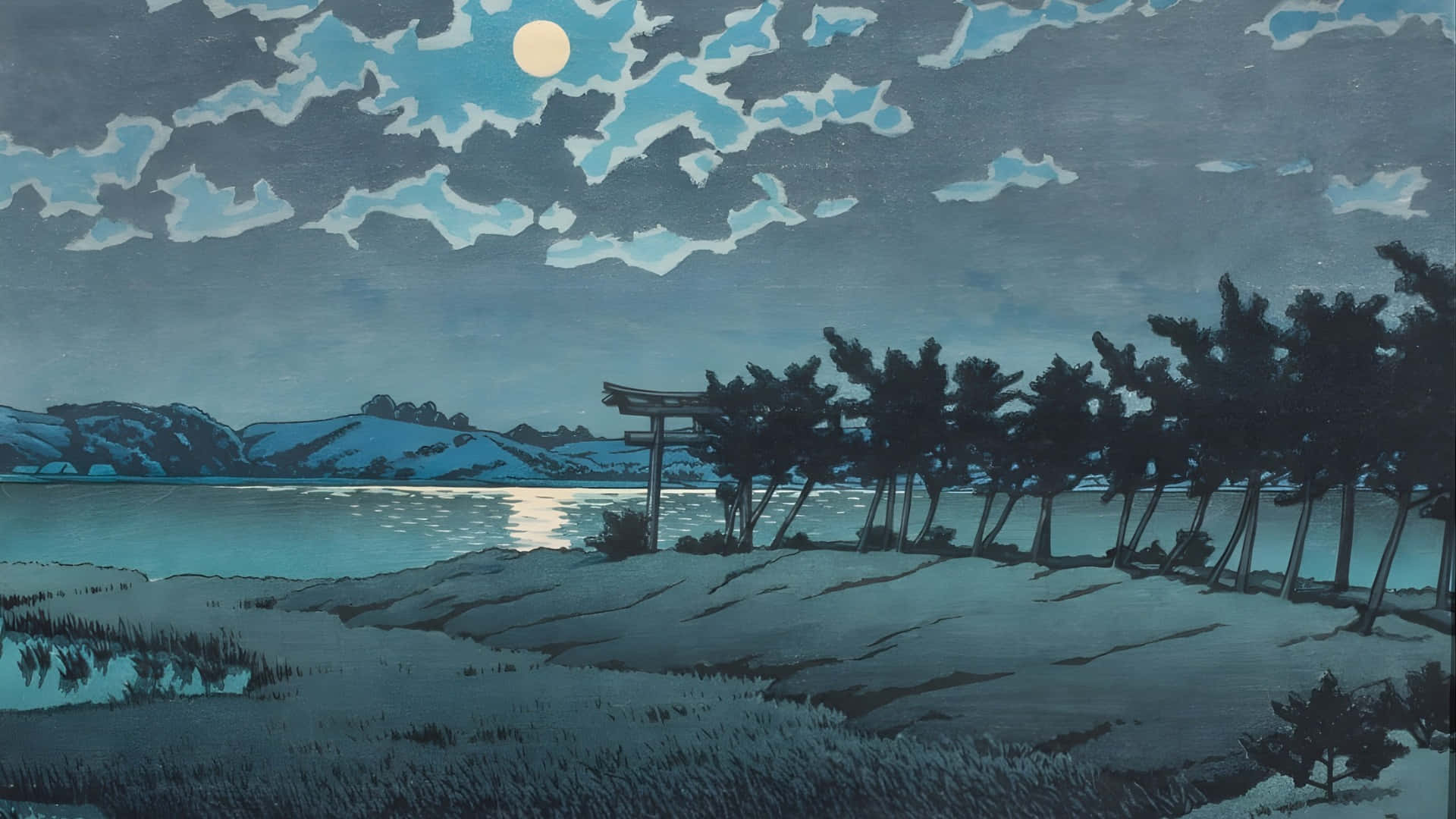 Kawase Hasui, moonlit Japanese landscape, torii gate, Full HD Desktop Wallpaper