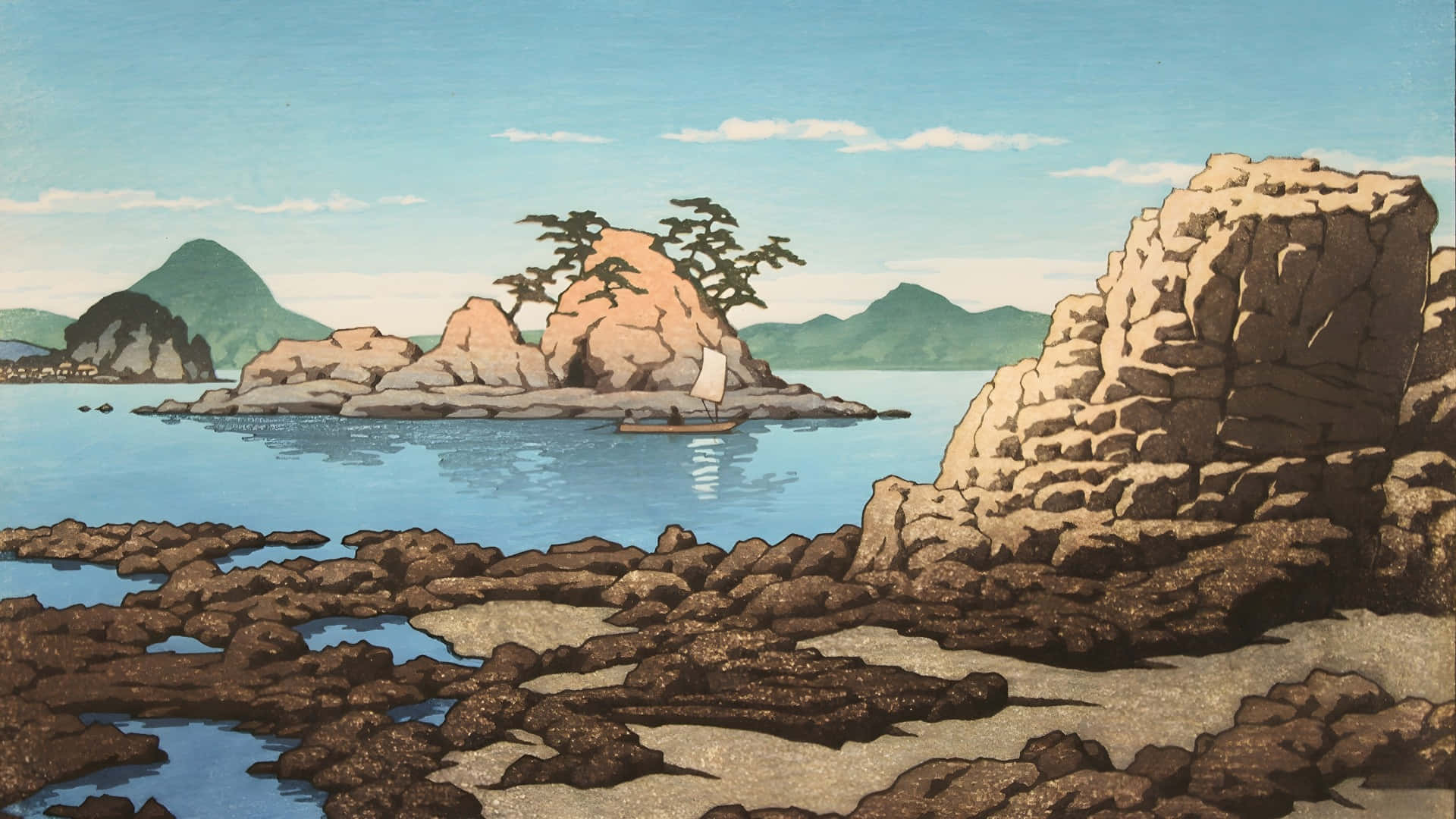 Kawase Hasui, coastal landscape, sailboat, Full HD Desktop Wallpaper