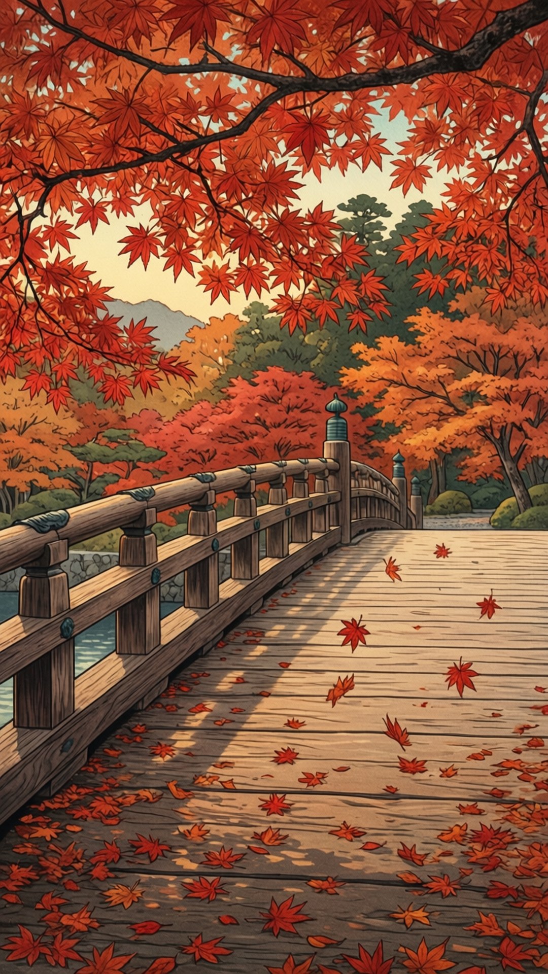 autumn maple bridge, wooden bridge, canopy of fiery red maple leaves, Full HD Phone Wallpaper