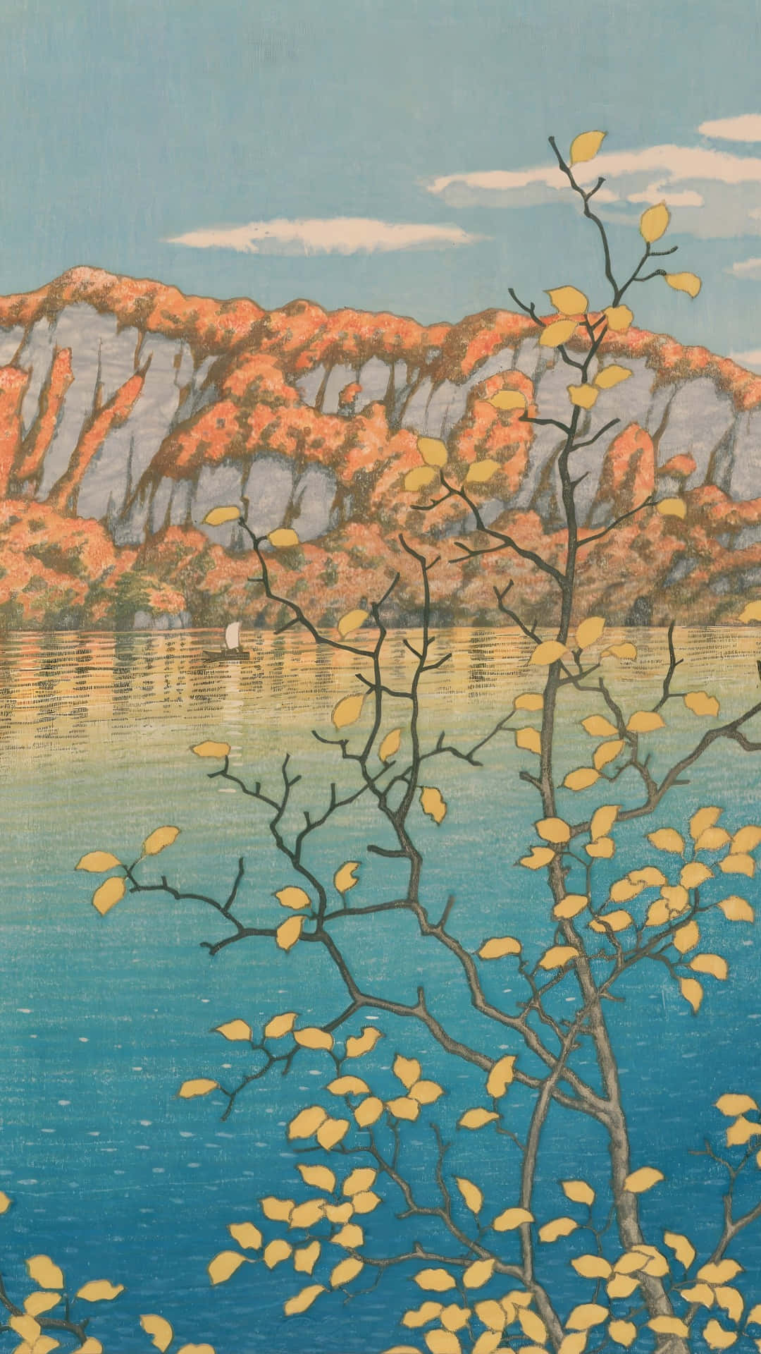 Kawase Hasui, autumn lake reflection, calm blue water, Full HD Phone Wallpaper