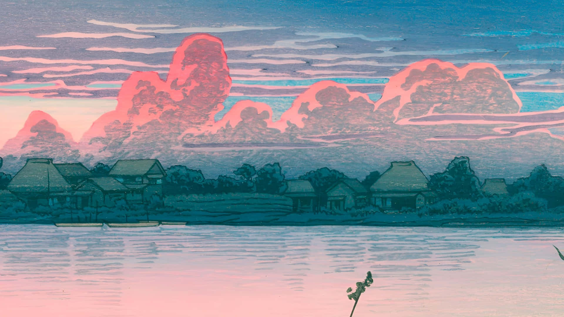 Kawase Hasui, twilight reflections, pink and blue clouds, Full HD Desktop Wallpaper