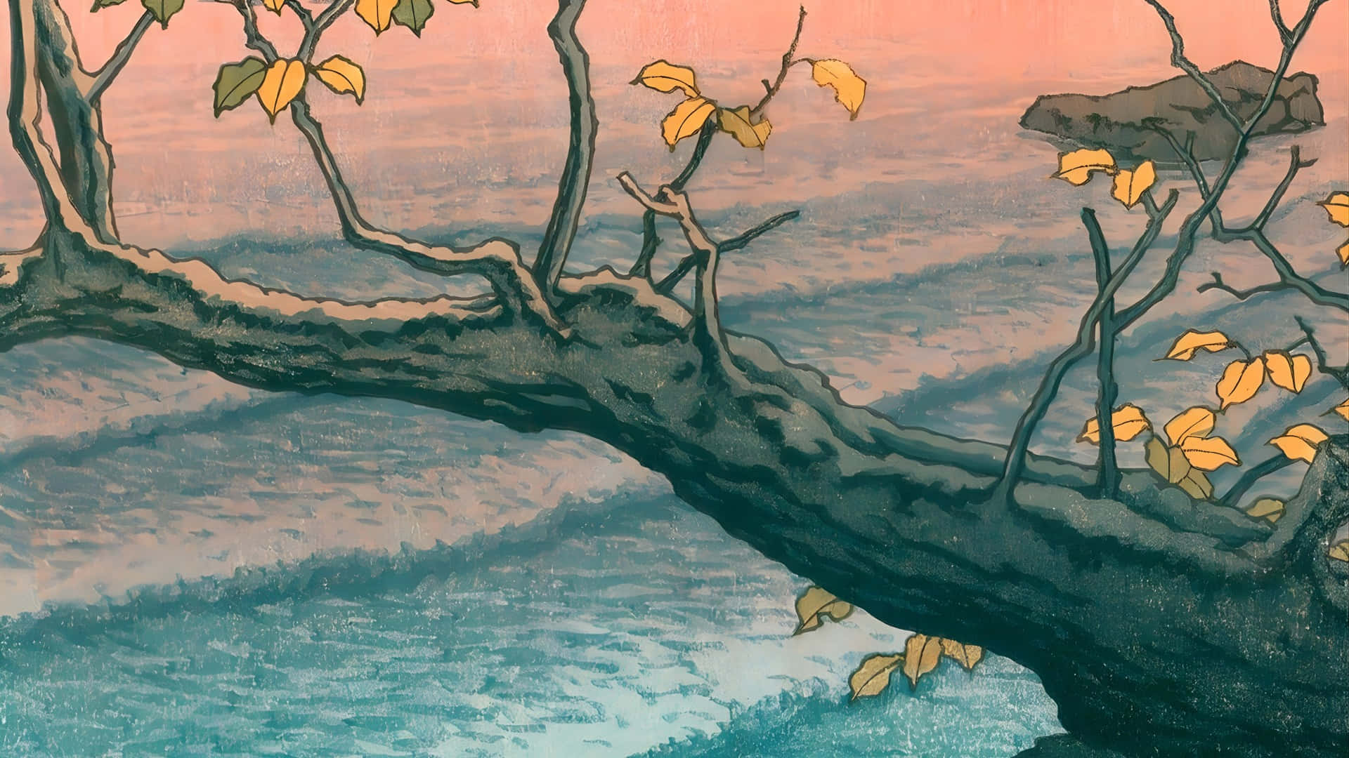 Kawase Hasui, autumn landscape, gnarled tree branch, Full HD Desktop Wallpaper