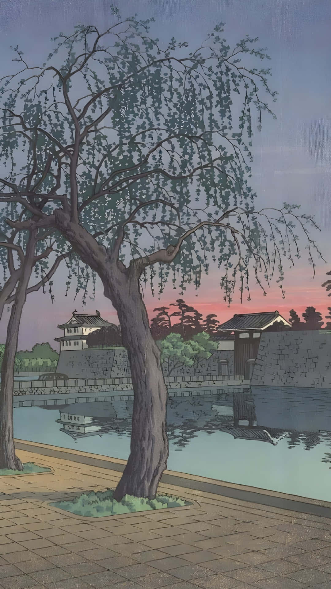 Kawase Hasui, weeping willow tree, calm moat, Full HD Phone Wallpaper