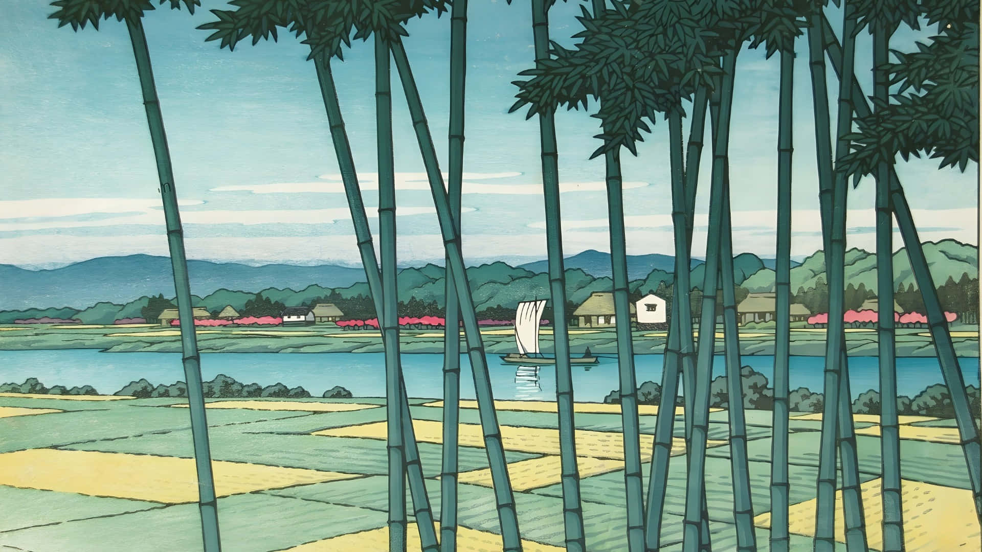 Kawase Hasui, bamboo grove, river scene, Full HD Desktop Wallpaper