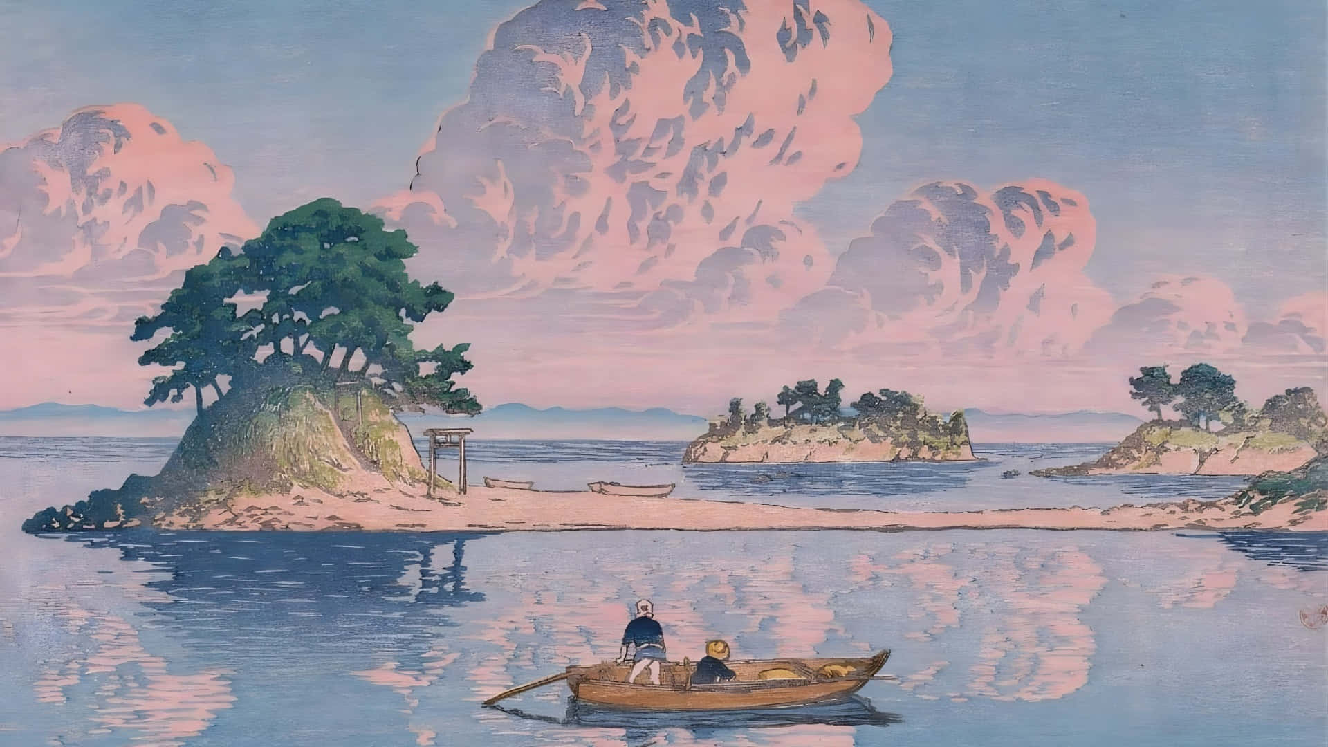 Kawase Hasui, serene lakeside scene, wooden boat, Full HD Desktop Wallpaper