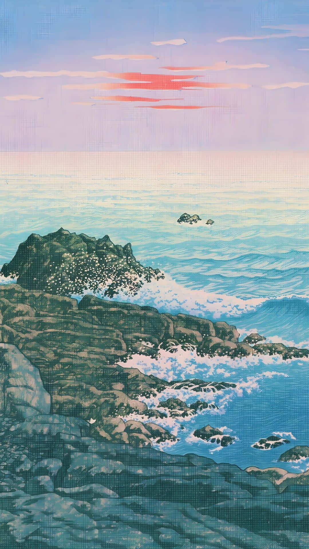 Kawase Hasui, coastal sunset, rocky coastline, Full HD Phone Wallpaper