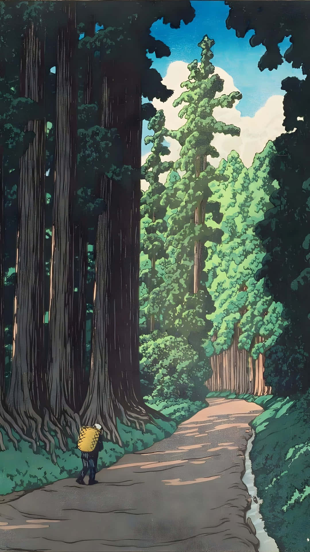 Kawase Hasui, forest path, redwood trees, Full HD Phone Wallpaper