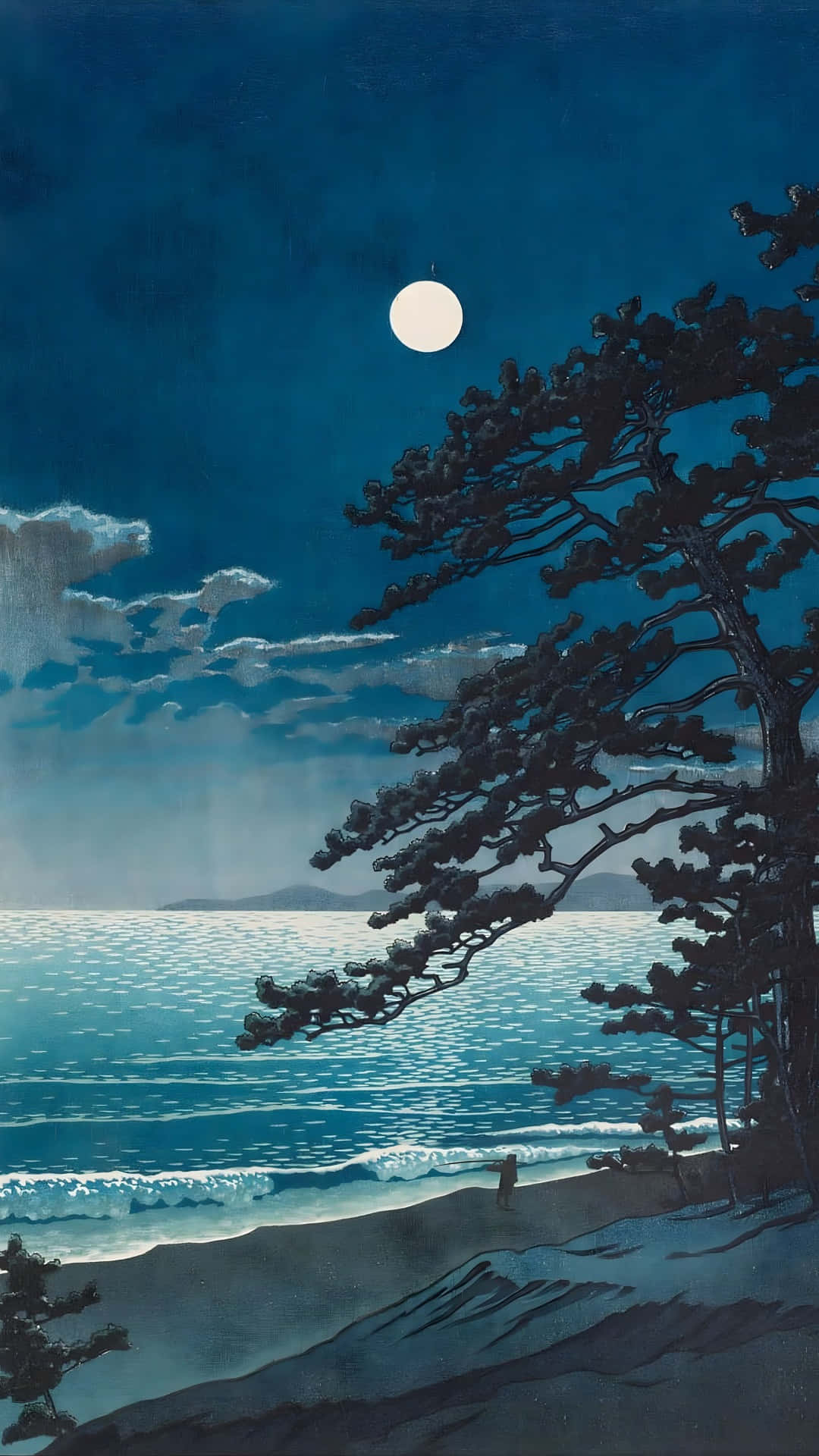 Kawase Hasui, moonlit beach, full moon, Full HD Phone Wallpaper