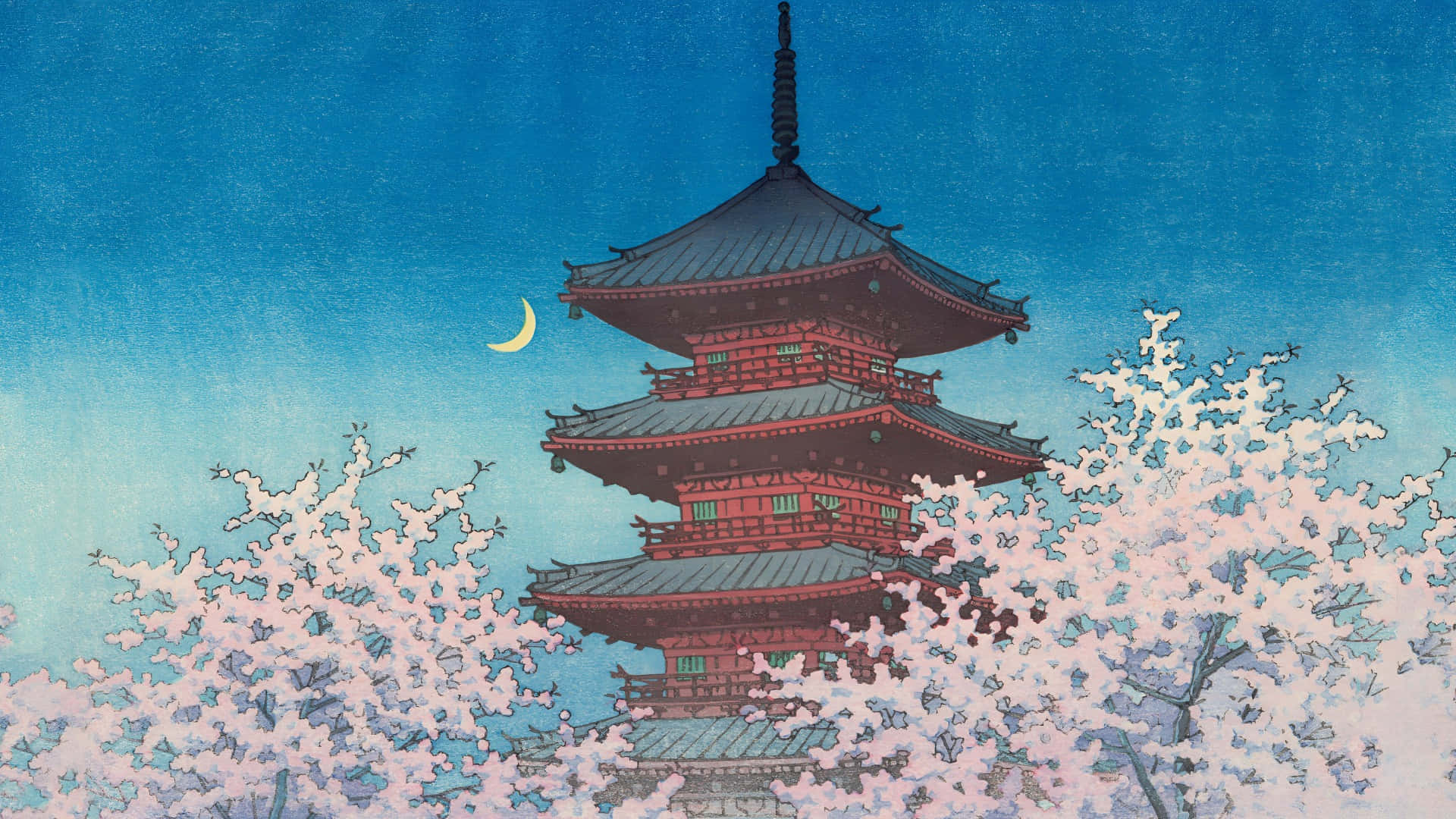 Kawase Hasui, cherry blossom, pagoda, Full HD Desktop Wallpaper
