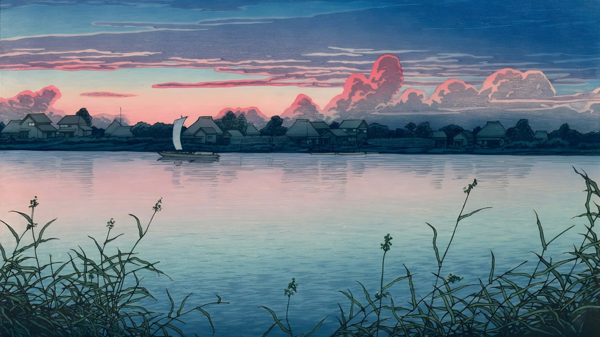 Kawase Hasui, twilight lake scene, sailboat, Full HD Desktop Wallpaper