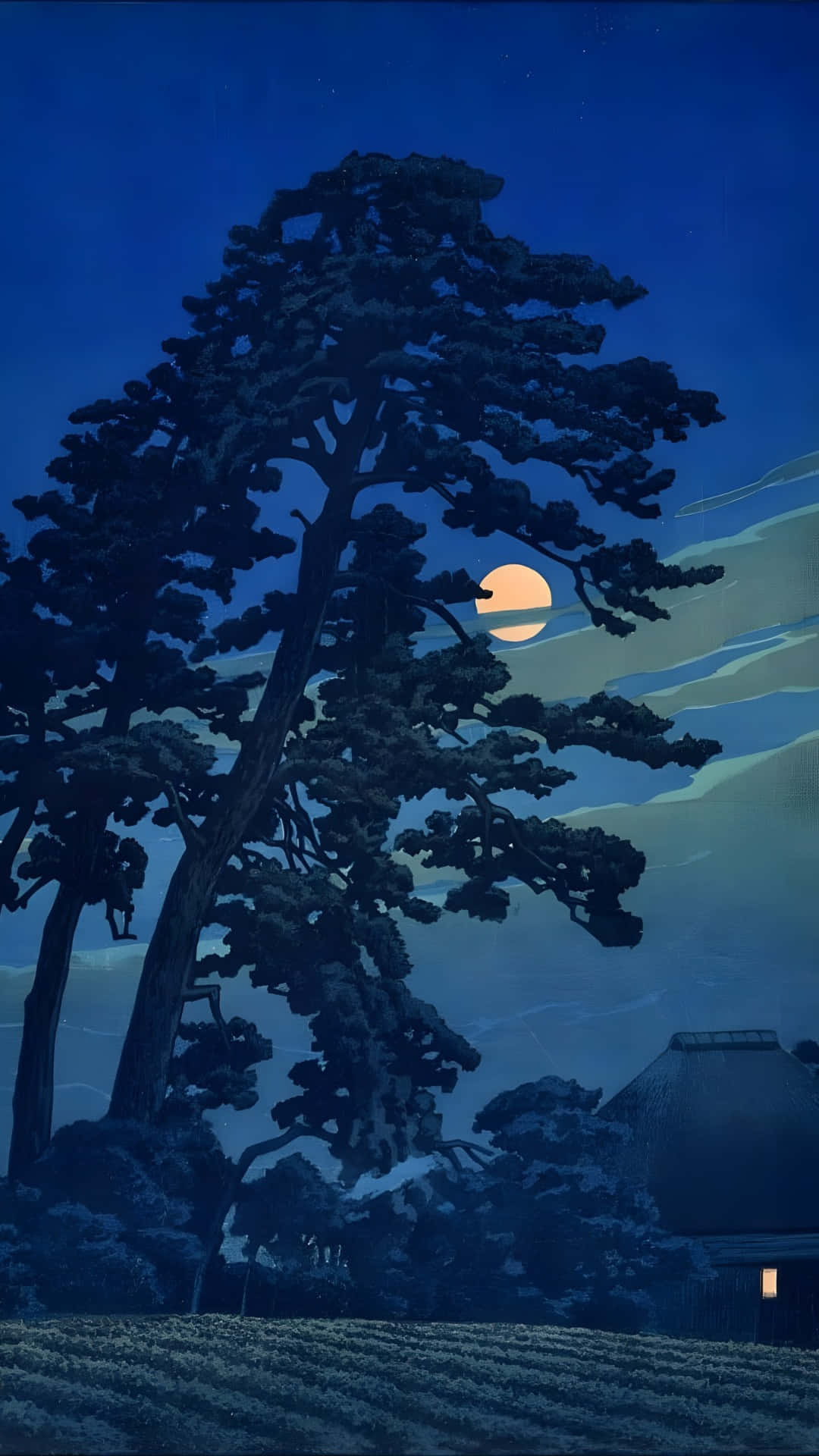 Kawase Hasui, moonlit pine trees, deep blue night sky, Full HD Phone Wallpaper