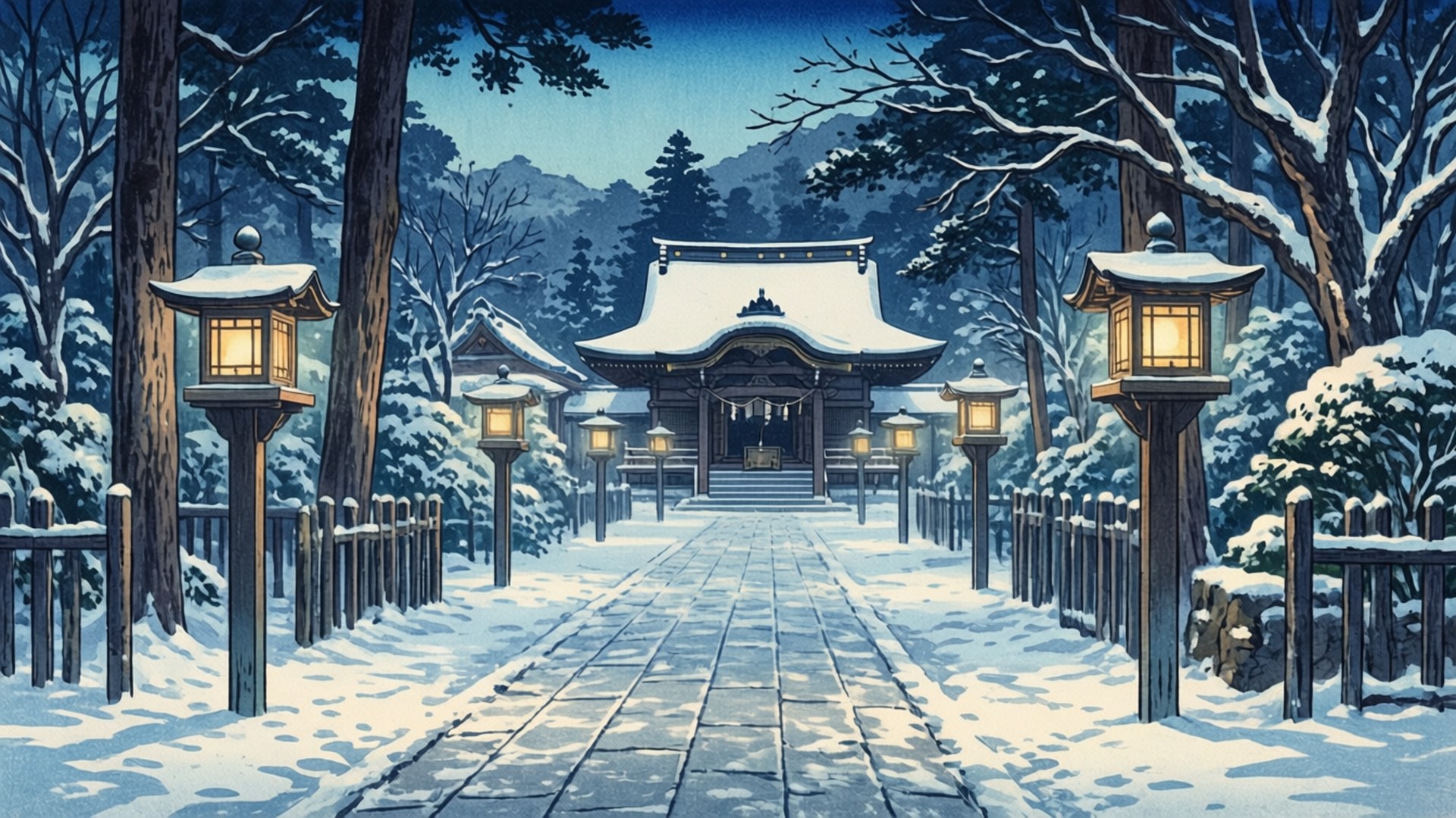 snow-covered Japanese shrine path, glowing lanterns, deep blue winter sky, Full HD Desktop Wallpaper