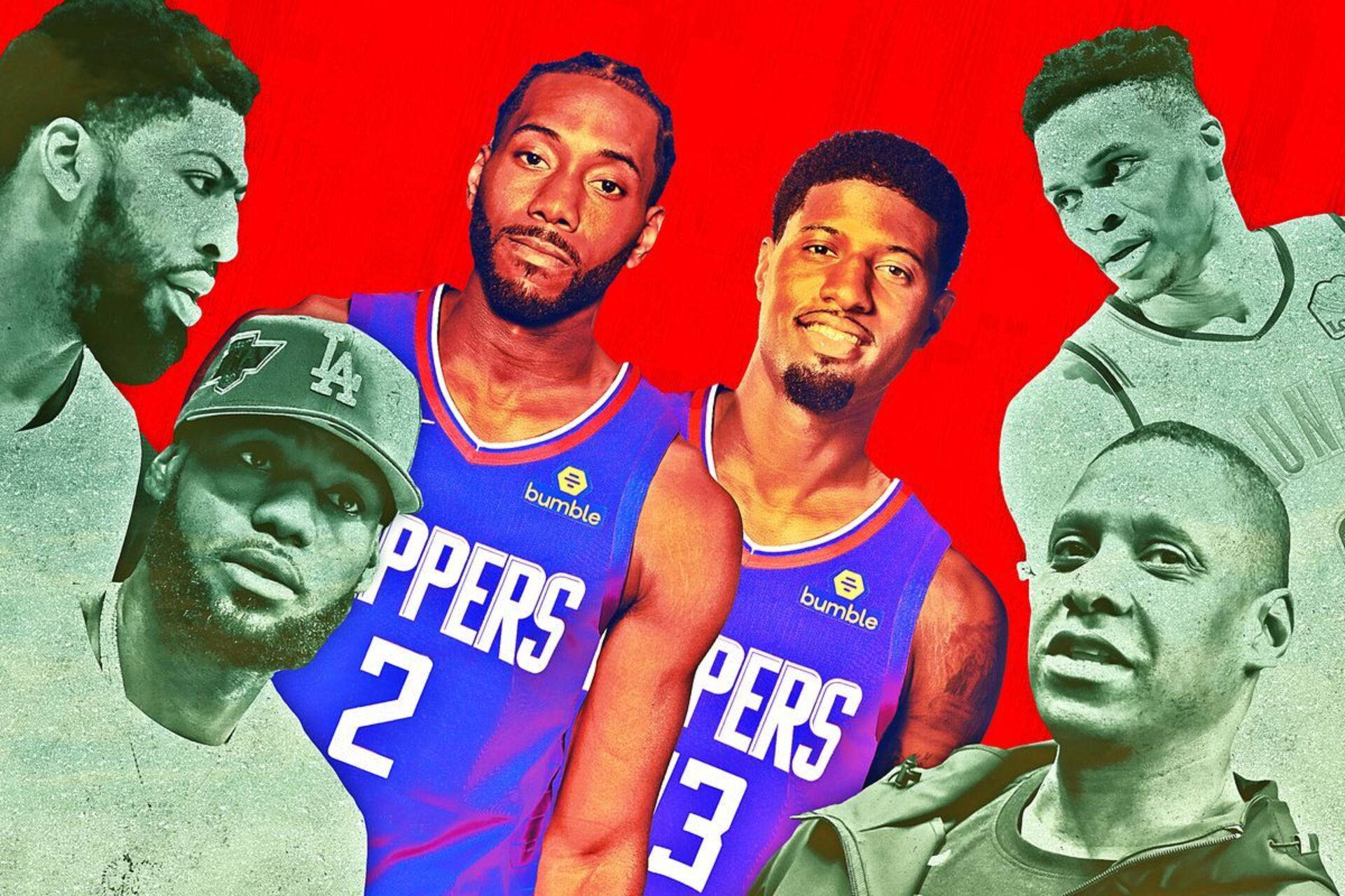 Kawhi Leonard, vibrant red background, six basketball players, Full HD Desktop Wallpaper