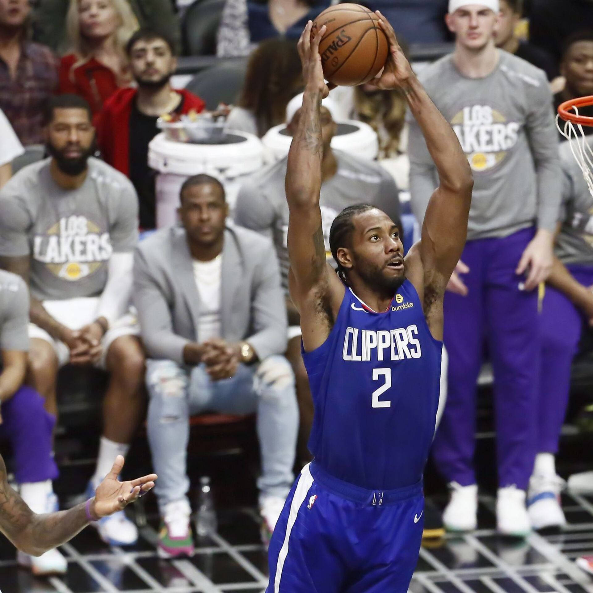 Kawhi Leonard, blue Clippers jersey, jump shot, Full HD Desktop Wallpaper