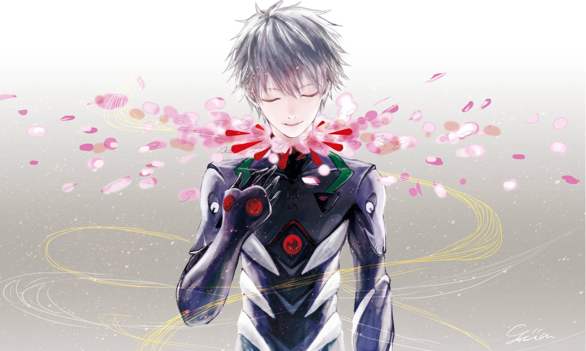 Kaworu Nagisa, pink cherry blossoms, dark mech suit, Full HD Desktop Wallpaper