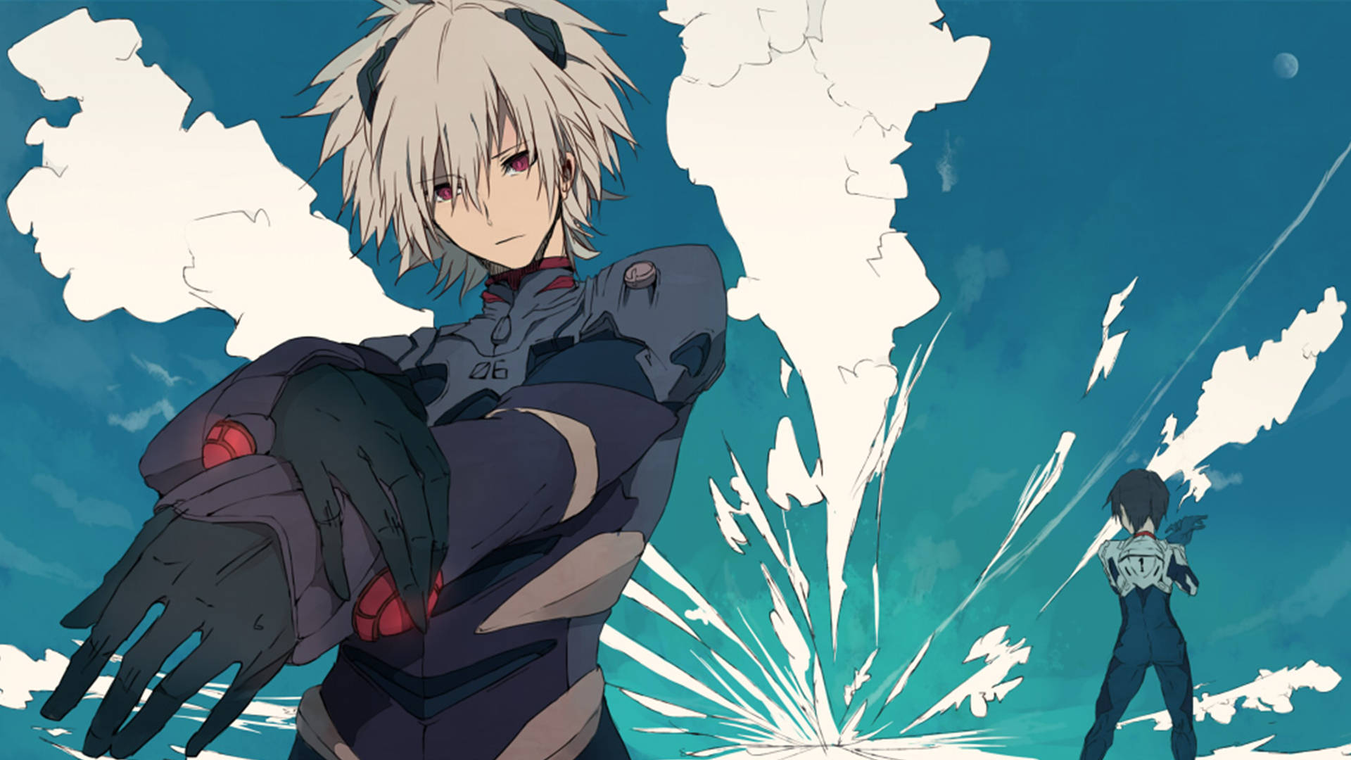 Kaworu Nagisa, teal sky, moon, Full HD Desktop Wallpaper