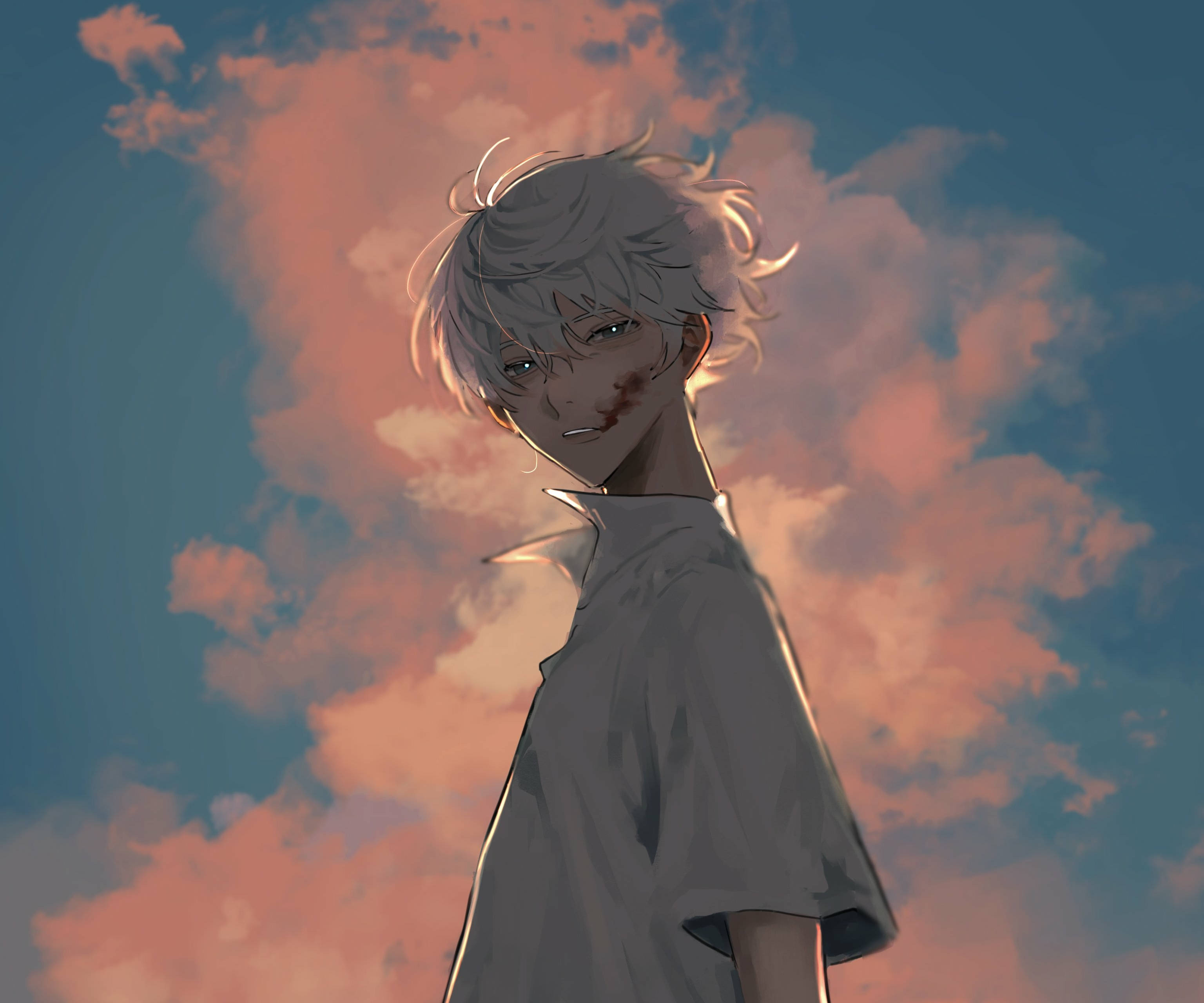 Kaworu Nagisa, silver-haired, bloodied cheek, 2K Desktop Wallpaper