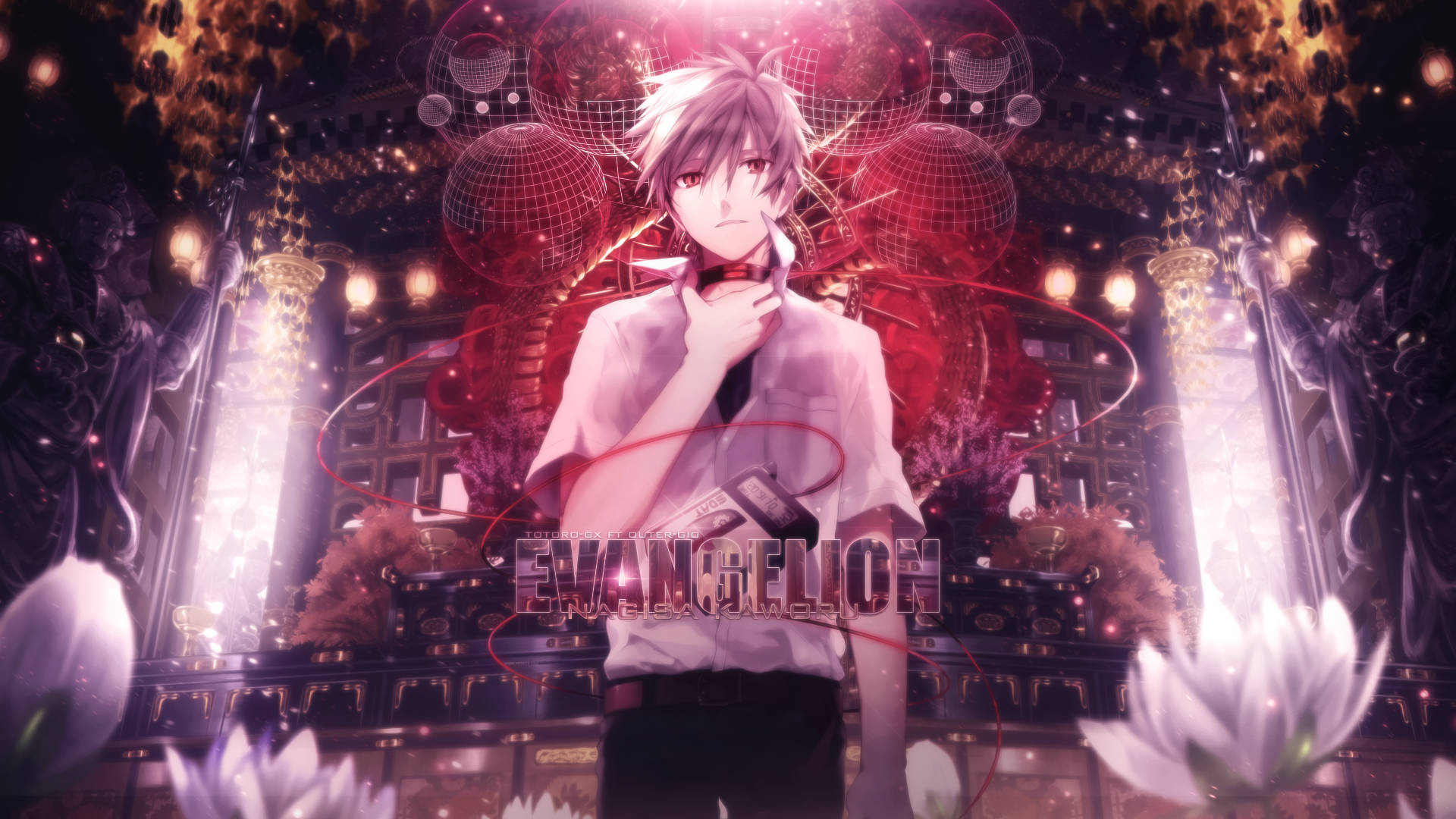 Kaworu Nagisa, disco balls, white flowers, Full HD Desktop Wallpaper