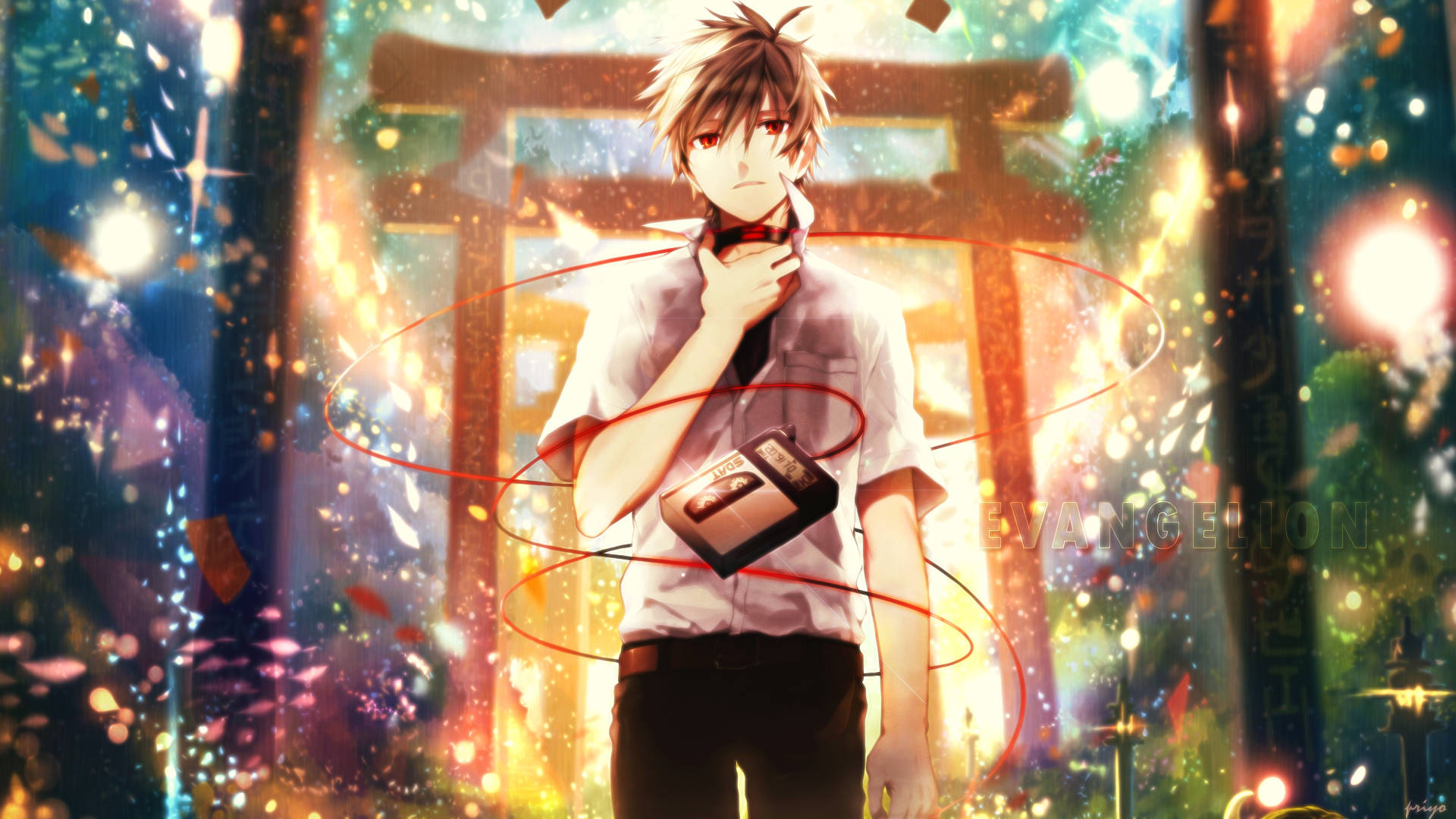 Kaworu Nagisa, torii gate, colorful particles, Full HD Desktop Wallpaper