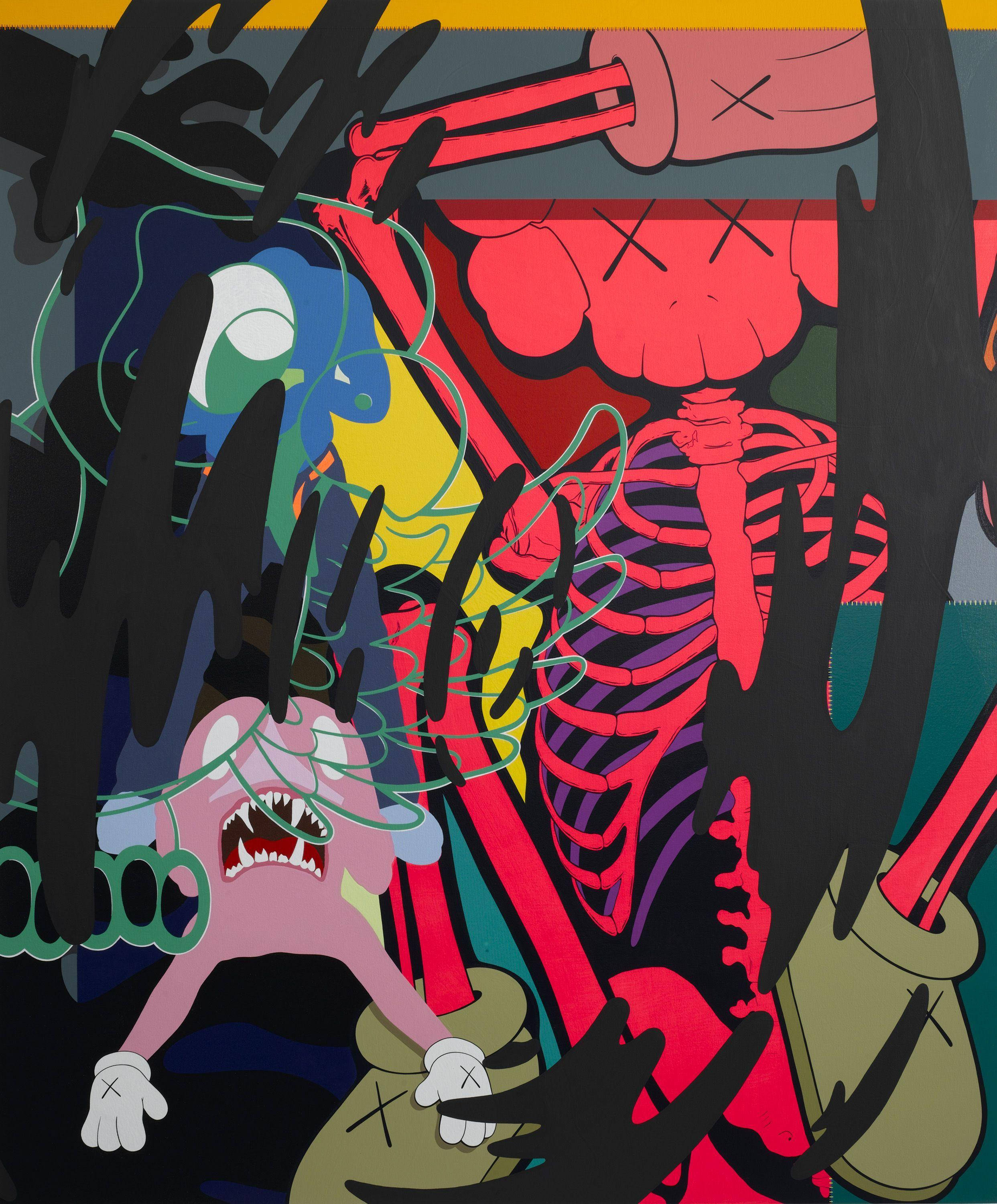 KAWS, pink creature, red skeleton, 2K Phone Wallpaper