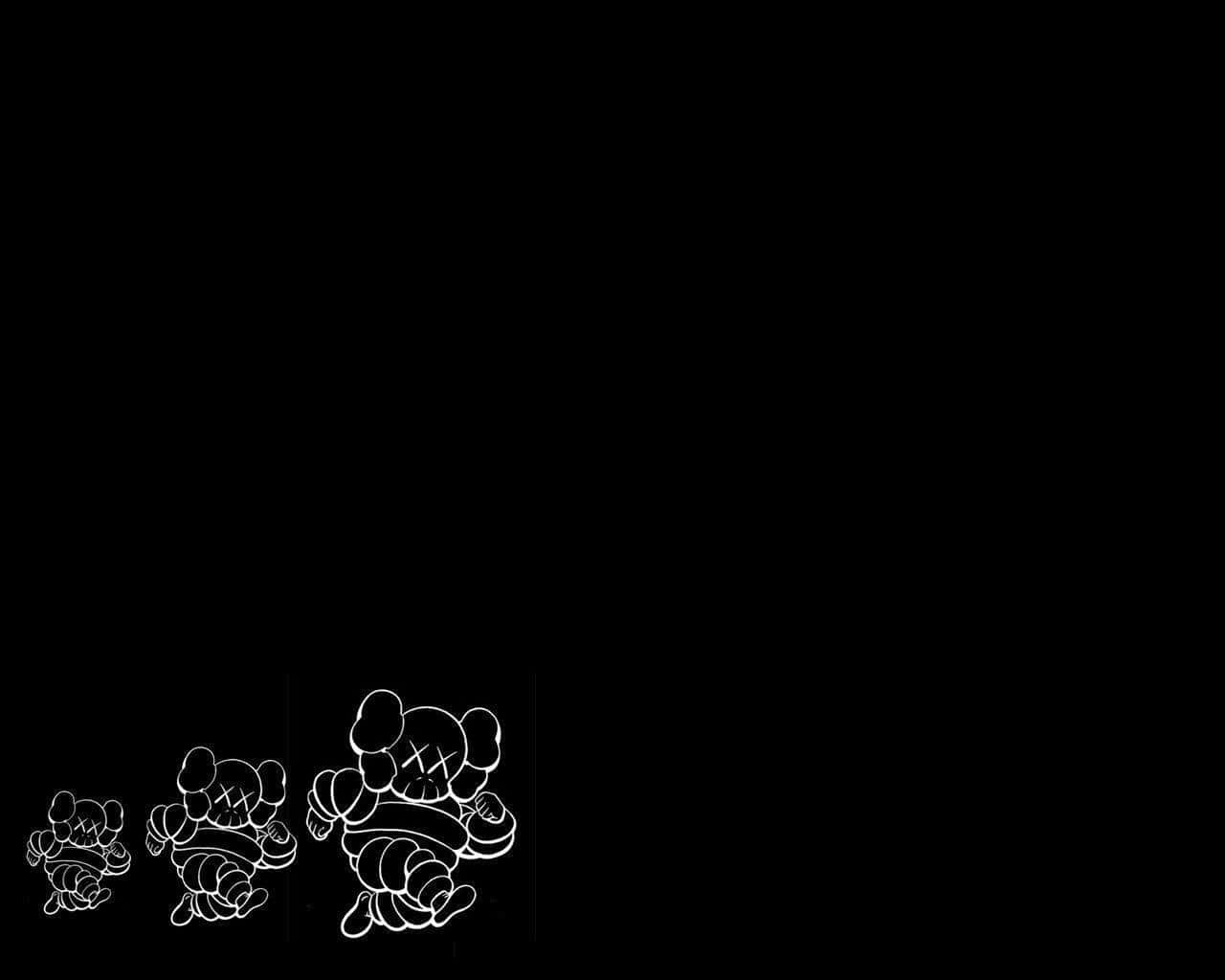 Kaws, black background, white outlined cartoon characters, HD Desktop Wallpaper