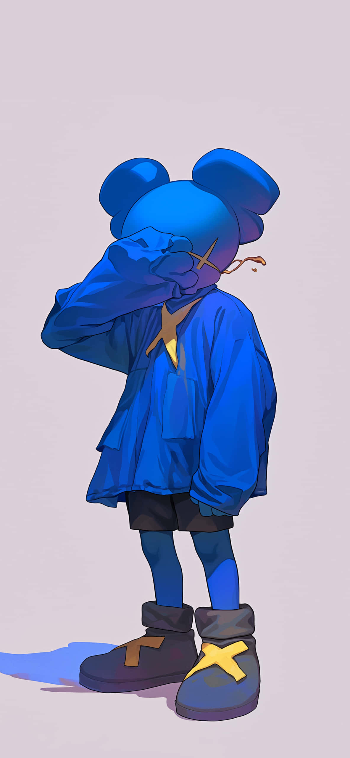 blue cartoon bear, oversized blue clothes and boots, yellow X details, 2K Phone Wallpaper