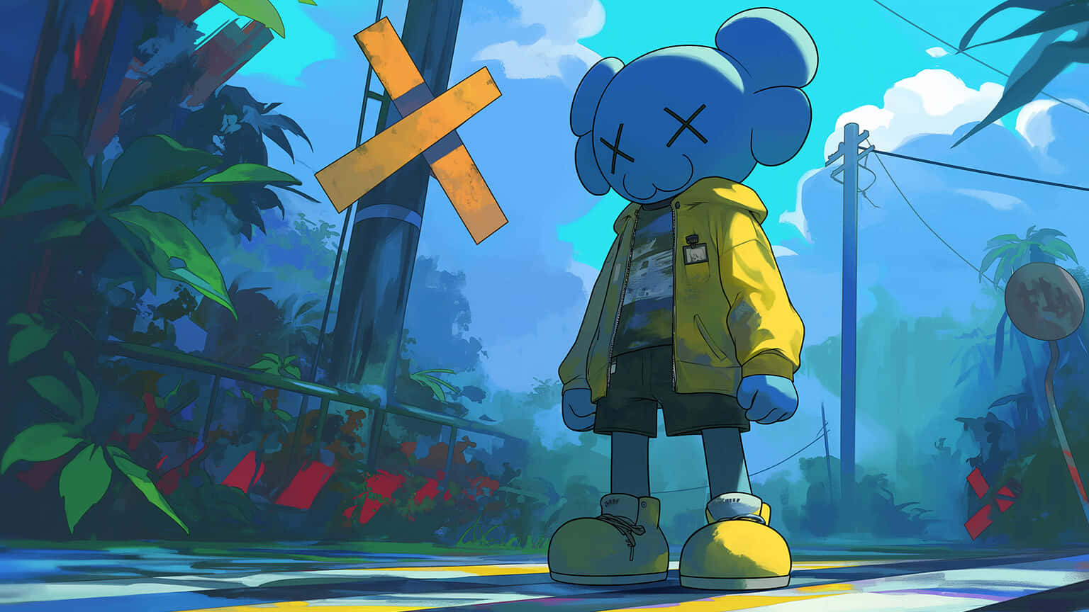 Kaws Character, yellow jacket, wooden cross sign, HD Desktop Wallpaper
