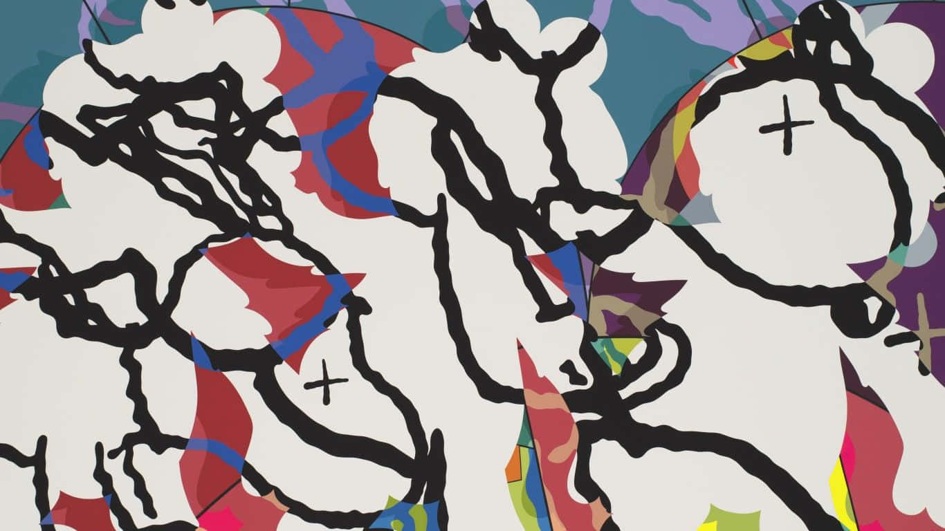 Kaws Artwork, bold black lines, colorful fragmented shapes, HD Desktop Wallpaper