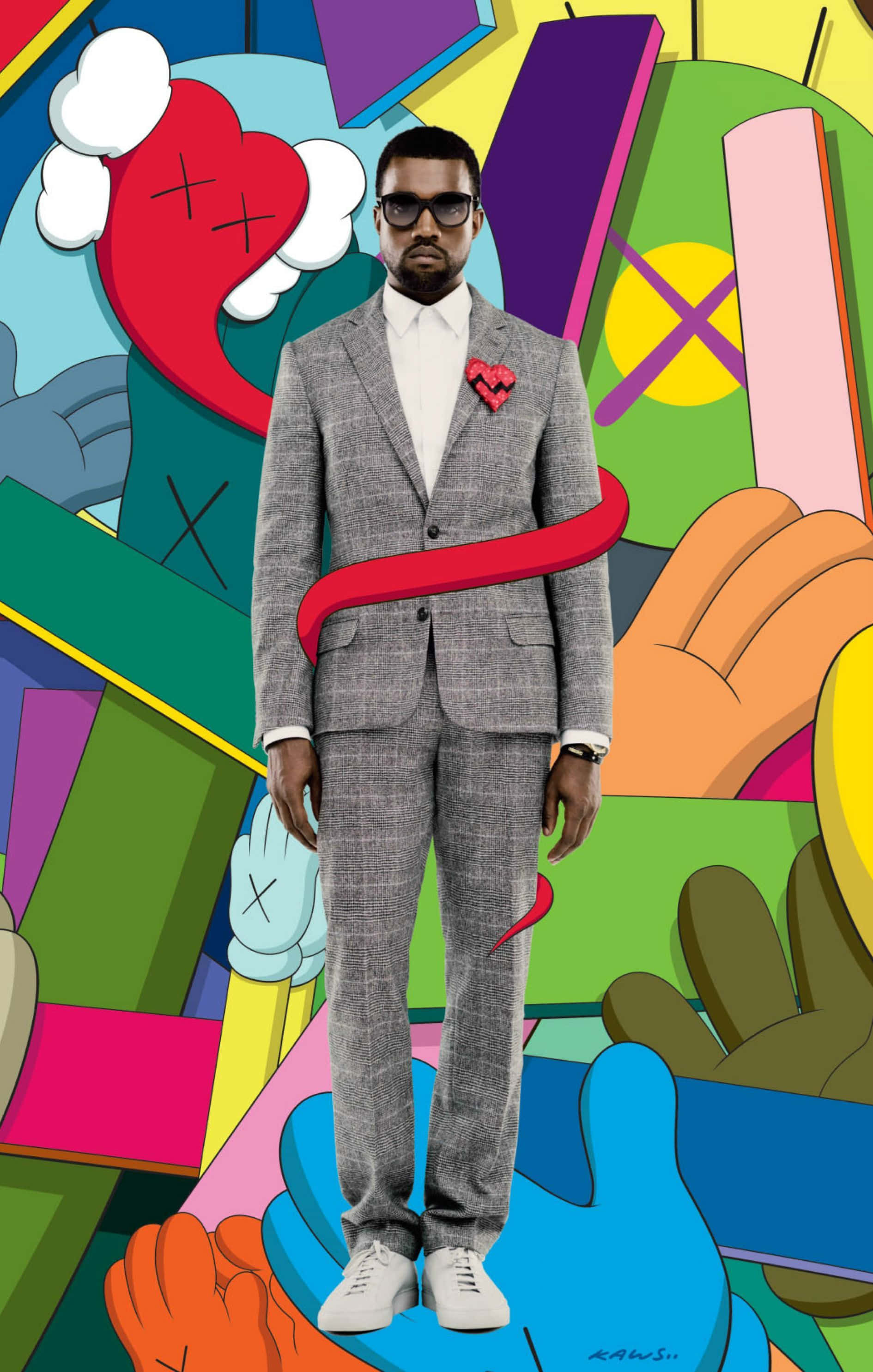 KAWS Artwork, gray suit, vibrant pop-art background, 2K Phone Wallpaper