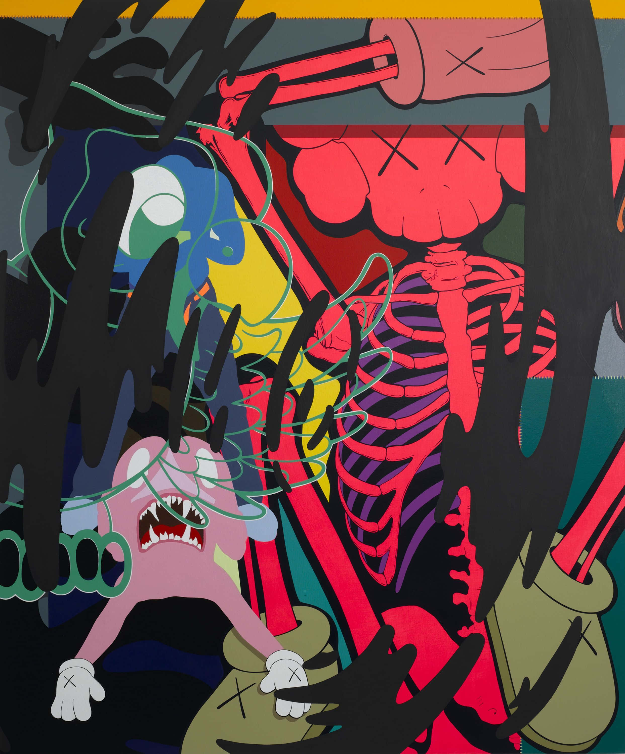 Kaws Artwork, skeleton, cartoon characters, 2K Phone Wallpaper