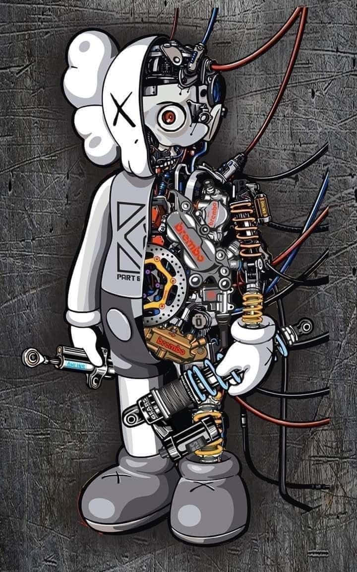KAWS, stylized cartoon robot, exposed mechanical internals, SD Phone Wallpaper