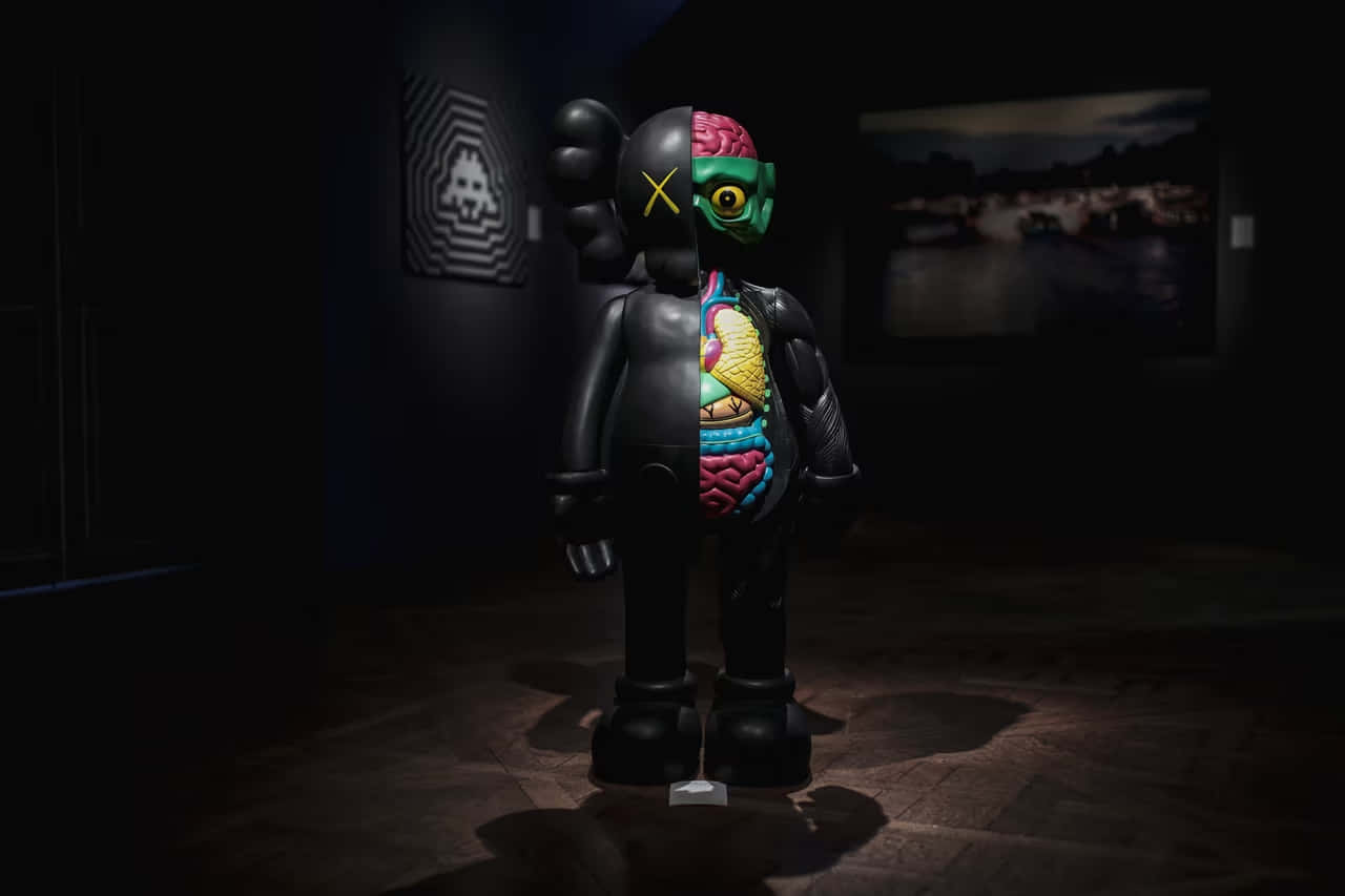 Kaws Bearbrick, black bear-like sculpture, colorful internal organs, HD Desktop Wallpaper