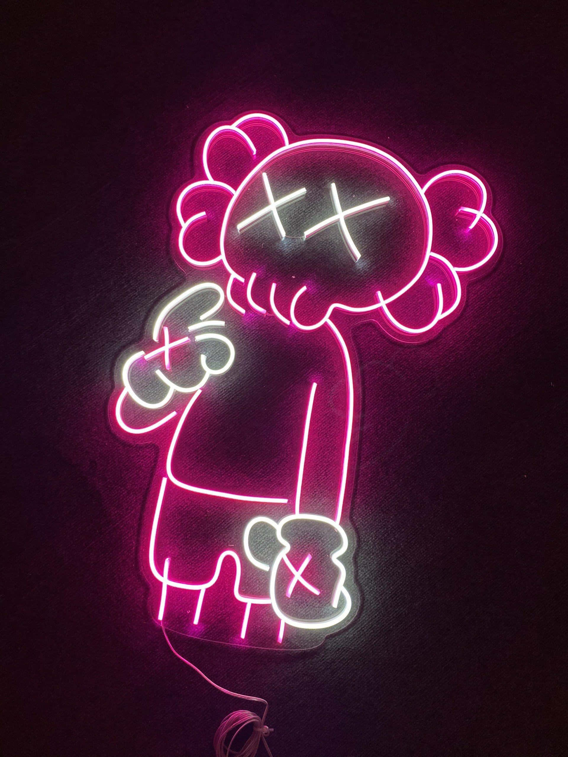 Pink Kaws Neon Sign, cartoon bear, X eyes, Full HD Phone Wallpaper