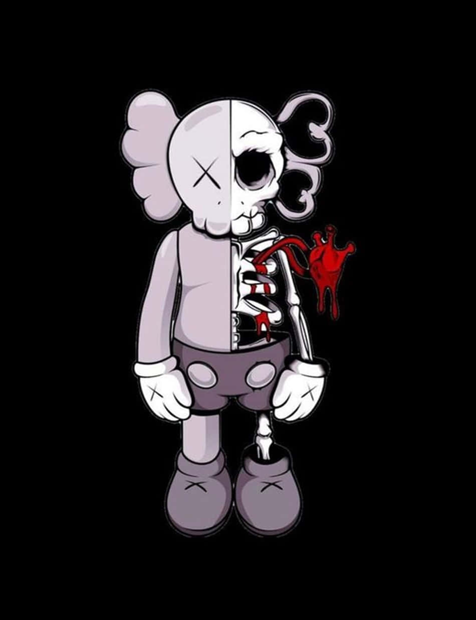 Kaws, black and white, cartoonish skeleton character, SD Phone Wallpaper