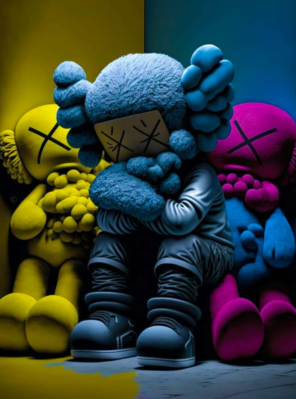 blue KAWS figure, yellow KAWS figure, pink KAWS figure, HD Phone Wallpaper