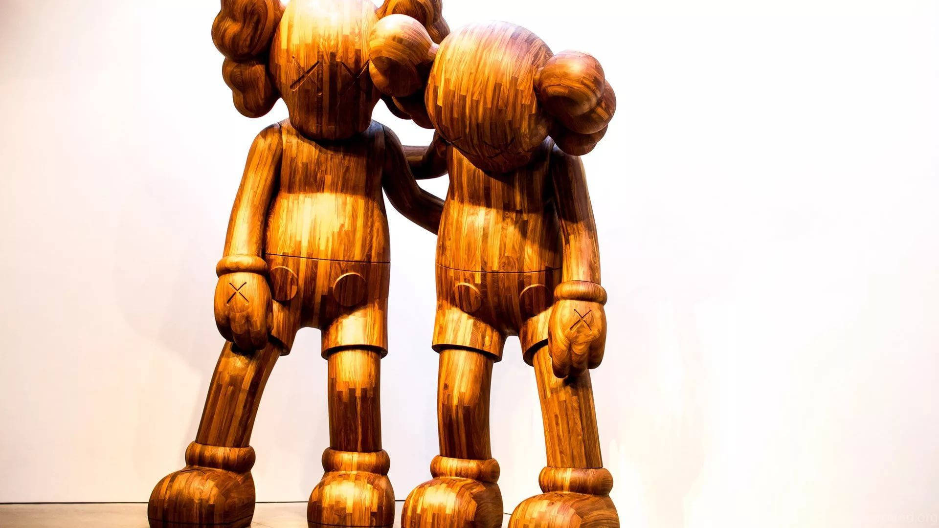 wooden KAWS figures, embrace, plain white wall, Full HD Desktop Wallpaper