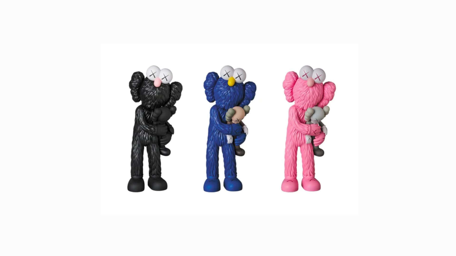 KAWS Figures, black blue and pink, hugging a smaller companion, Full HD Desktop Wallpaper