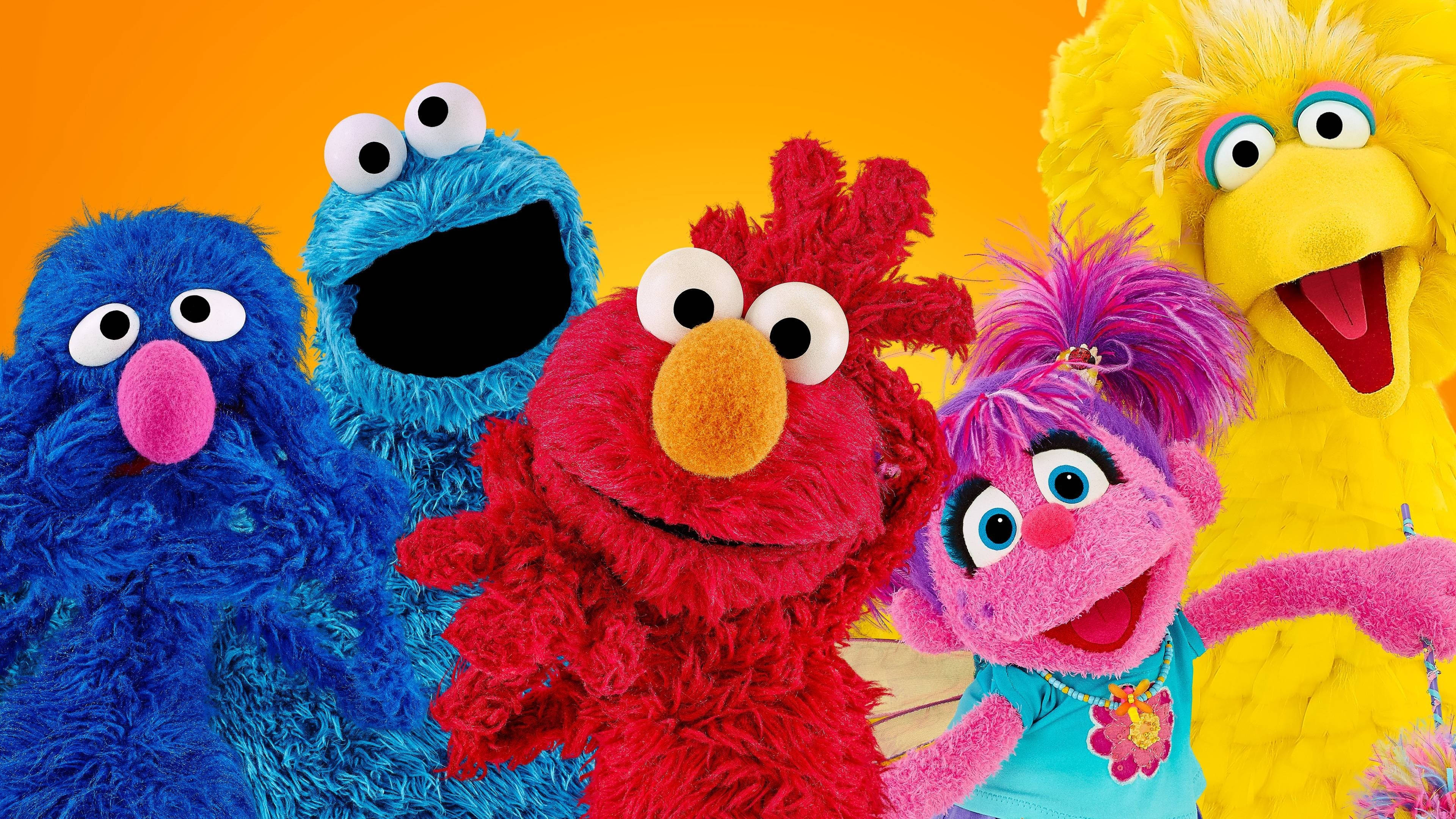 Sesame Street, puppets, orange background, 4K Desktop Wallpaper