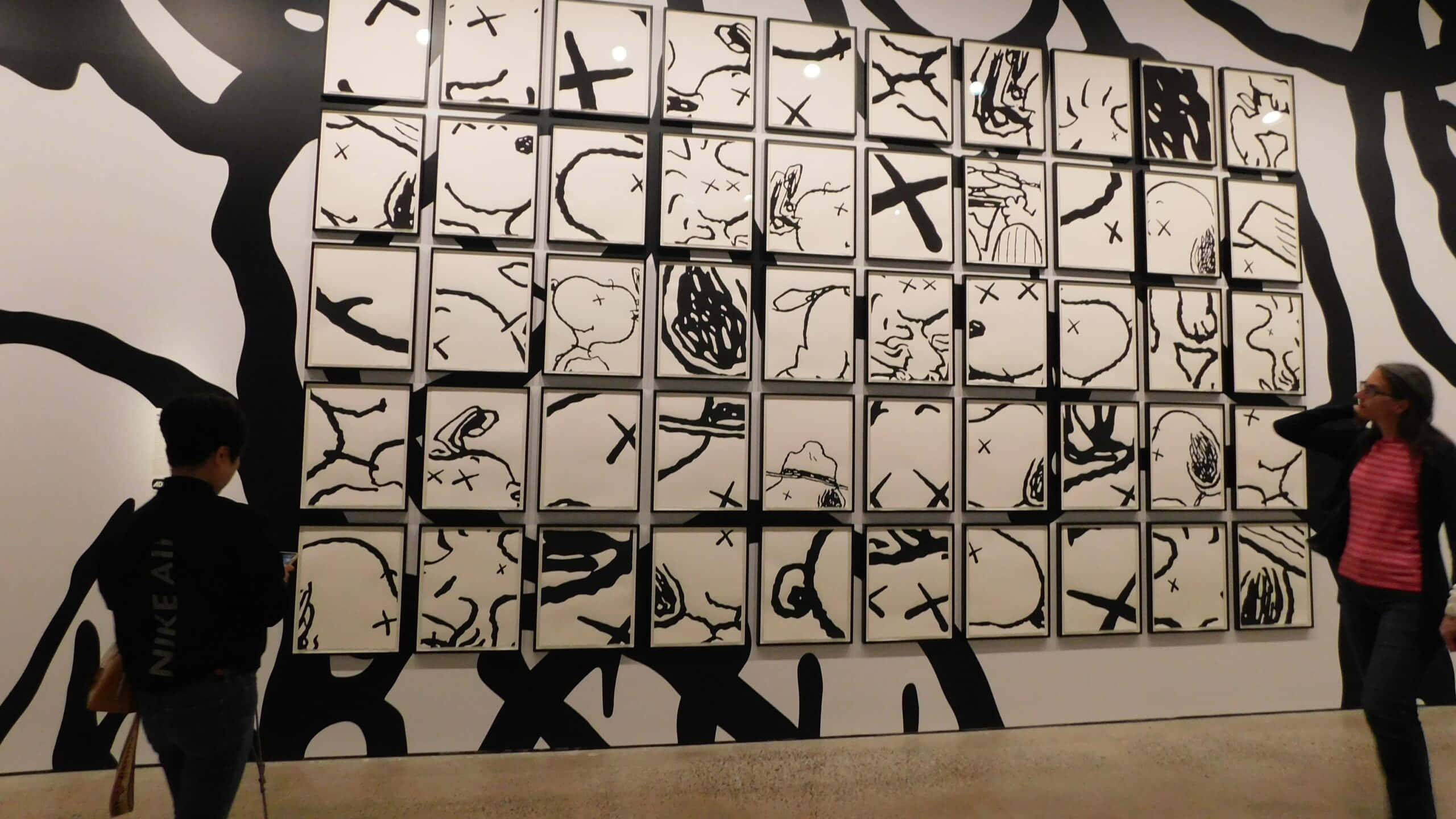 Kaws Snoopy, exhibition wall art, black and white abstract expressionist artworks, 2K Desktop Wallpaper