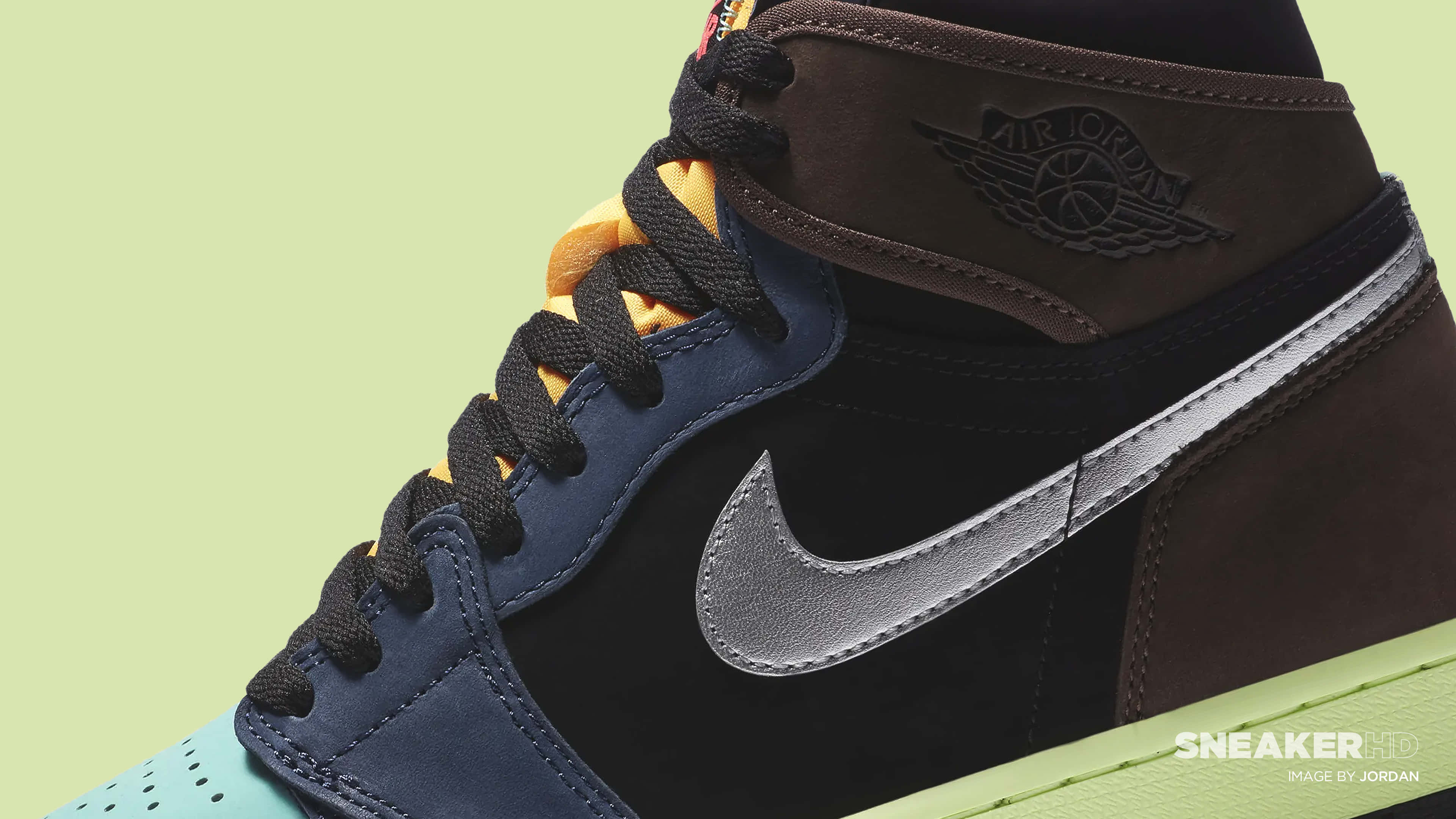 Air Jordan 1, brown navy, lime, 4K Desktop Wallpaper
